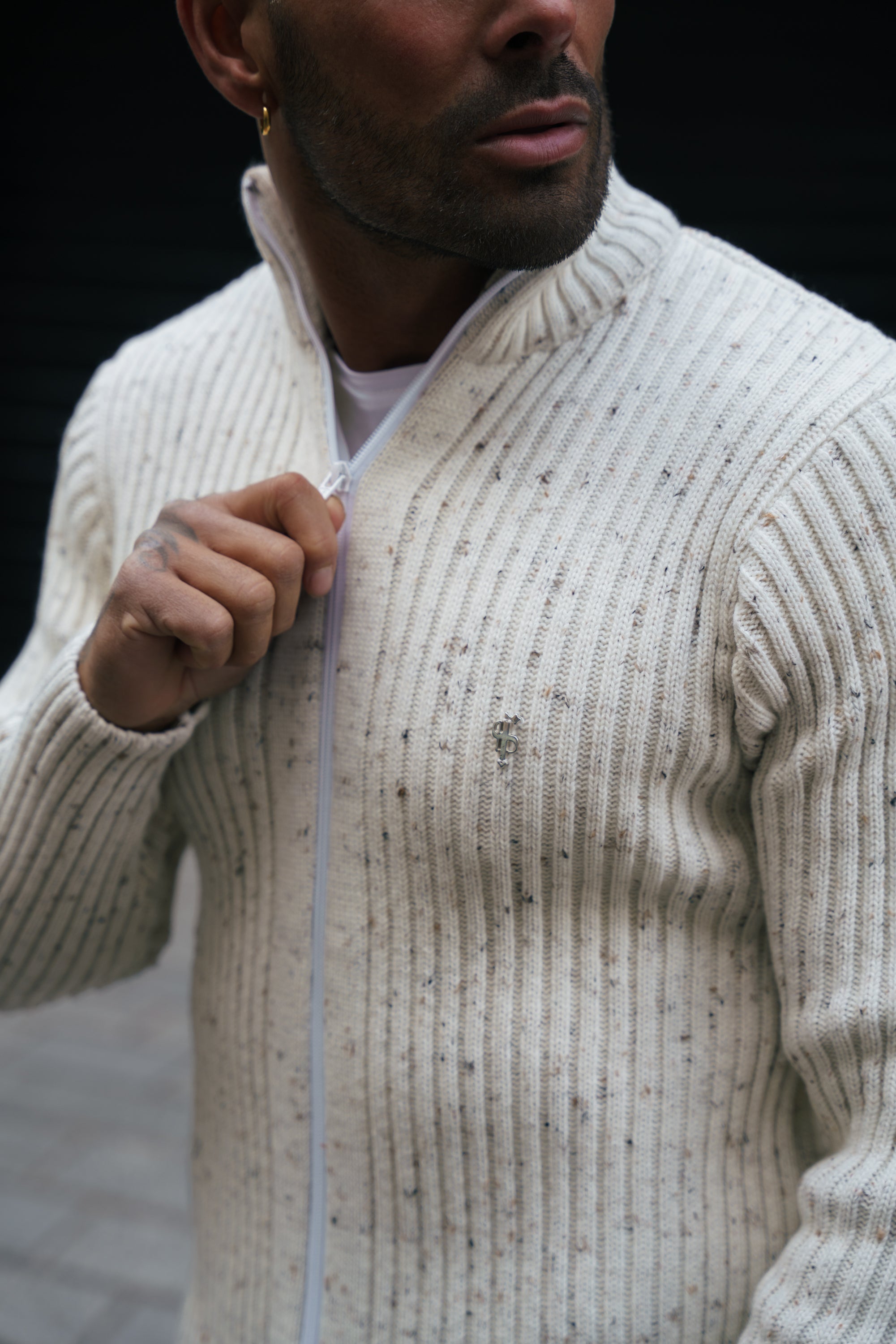 Chunky Beige Flecks Ribbed Zipped Cardigan - FSJ070