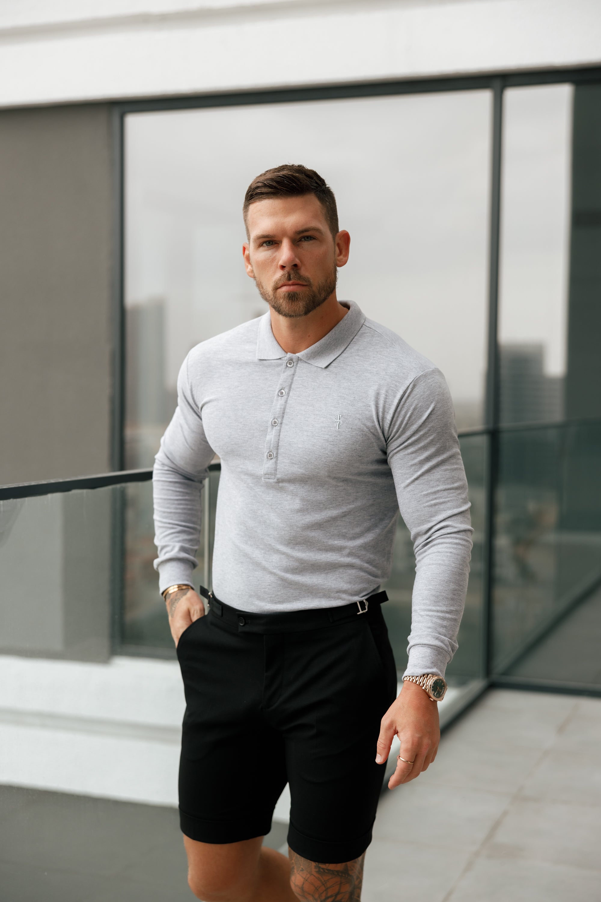 Classic Light Grey Tonal  Polo Long Sleeve Shirt - FSH859