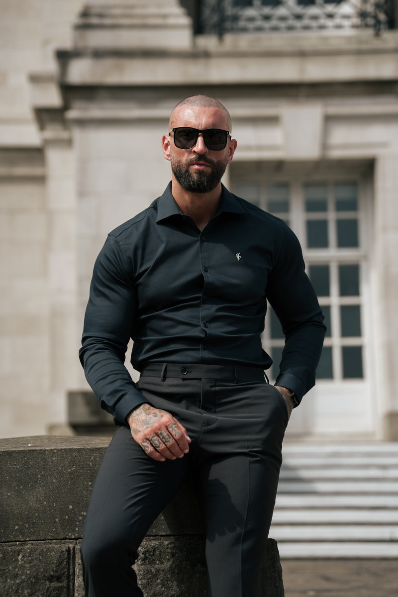 FS Super Slim Stretch Black Denim Long Sleeve with Gunmetal Metal Decal and Cutaway Collar - FS1169