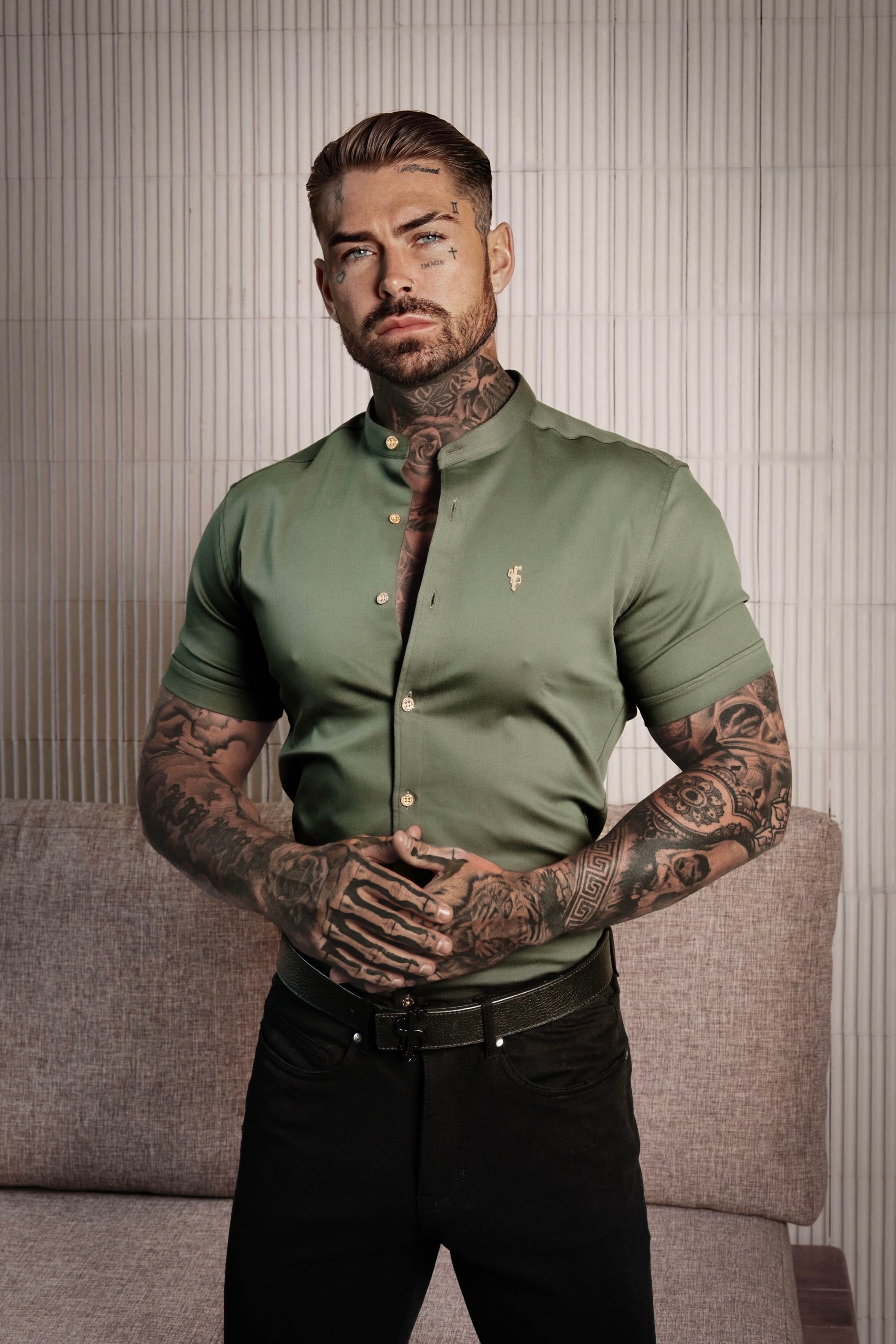 Super Slim Stretch Khaki Denim Short Sleeve Grandad collar with Metal Buttons and Decal Emblem - FS716