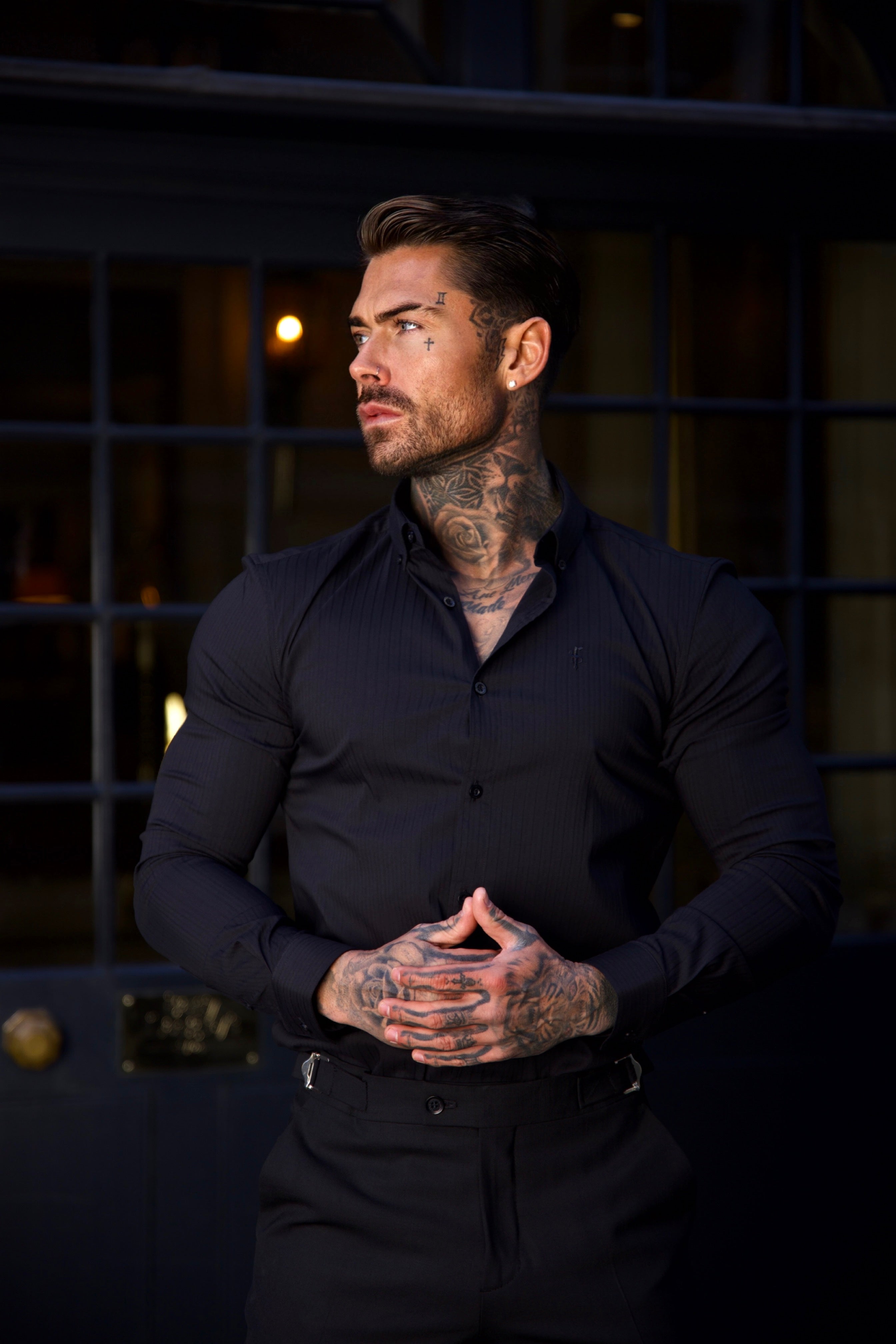 Super Slim Stretch Black Self Woven Stripe Long Sleeve with Button Down Collar - FS991