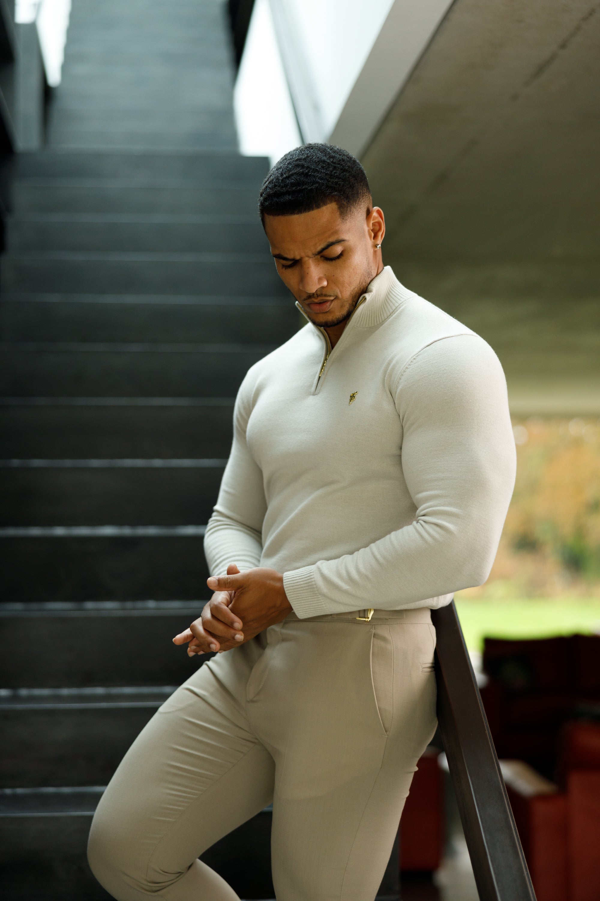 Father Sons Slim Formal Beige Stretch Pants With Gold Waist Adjusters - FST017
