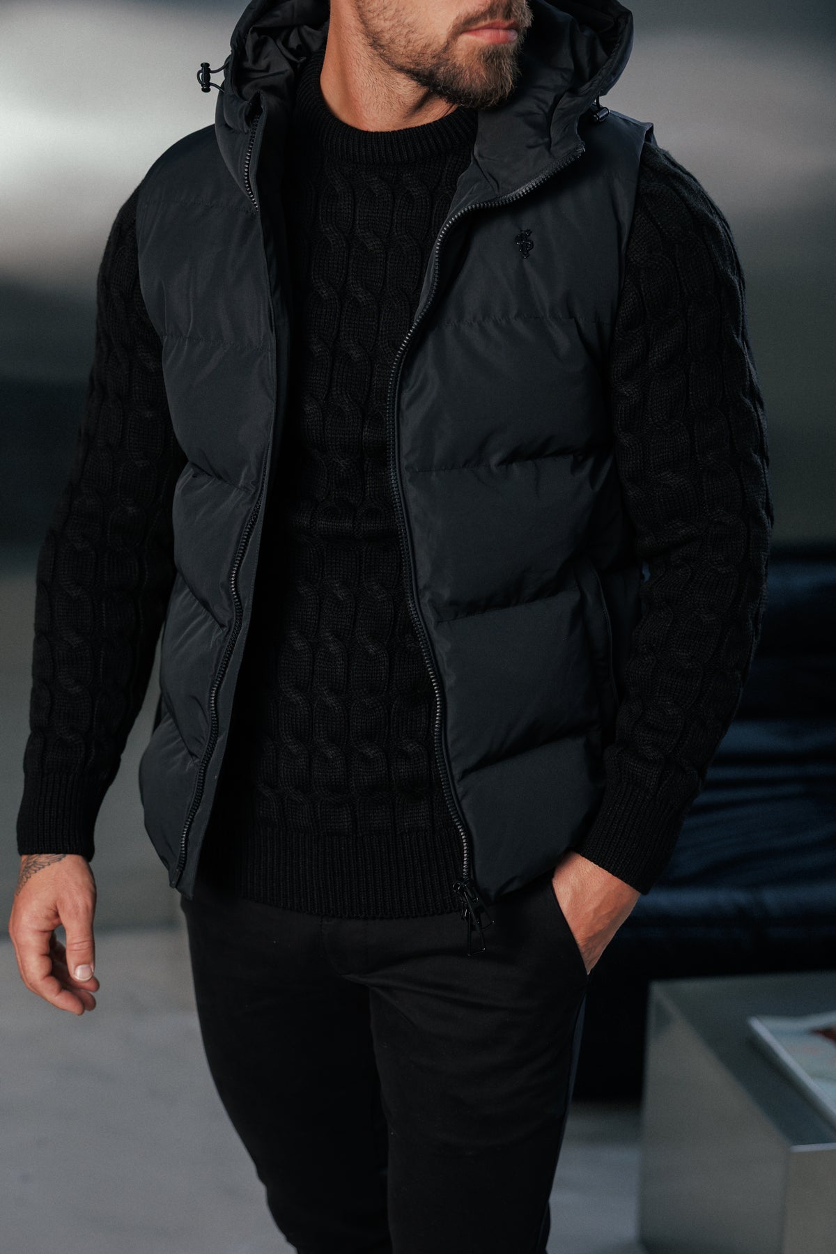 Black Padded Hooded Gilet - FSN235