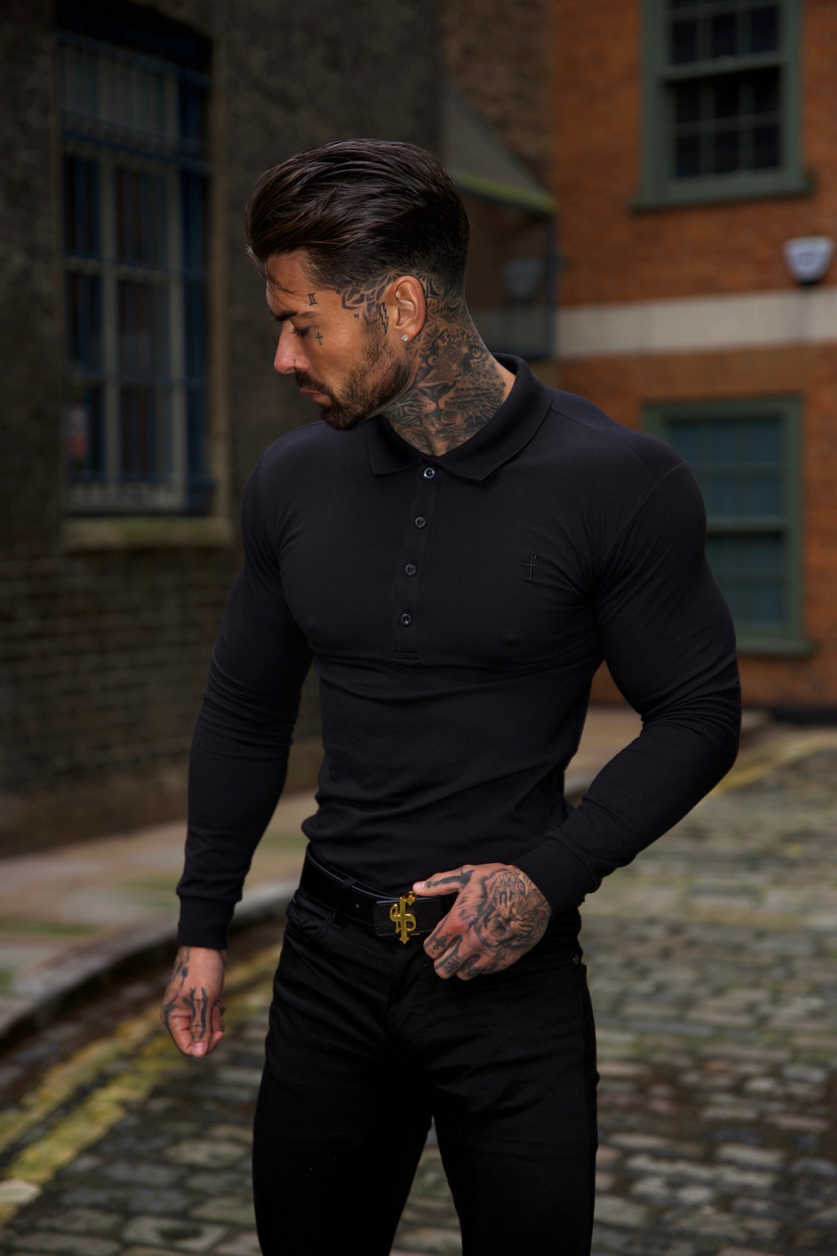 Classic Black Tonal  Polo Long Sleeve Shirt - FSH857