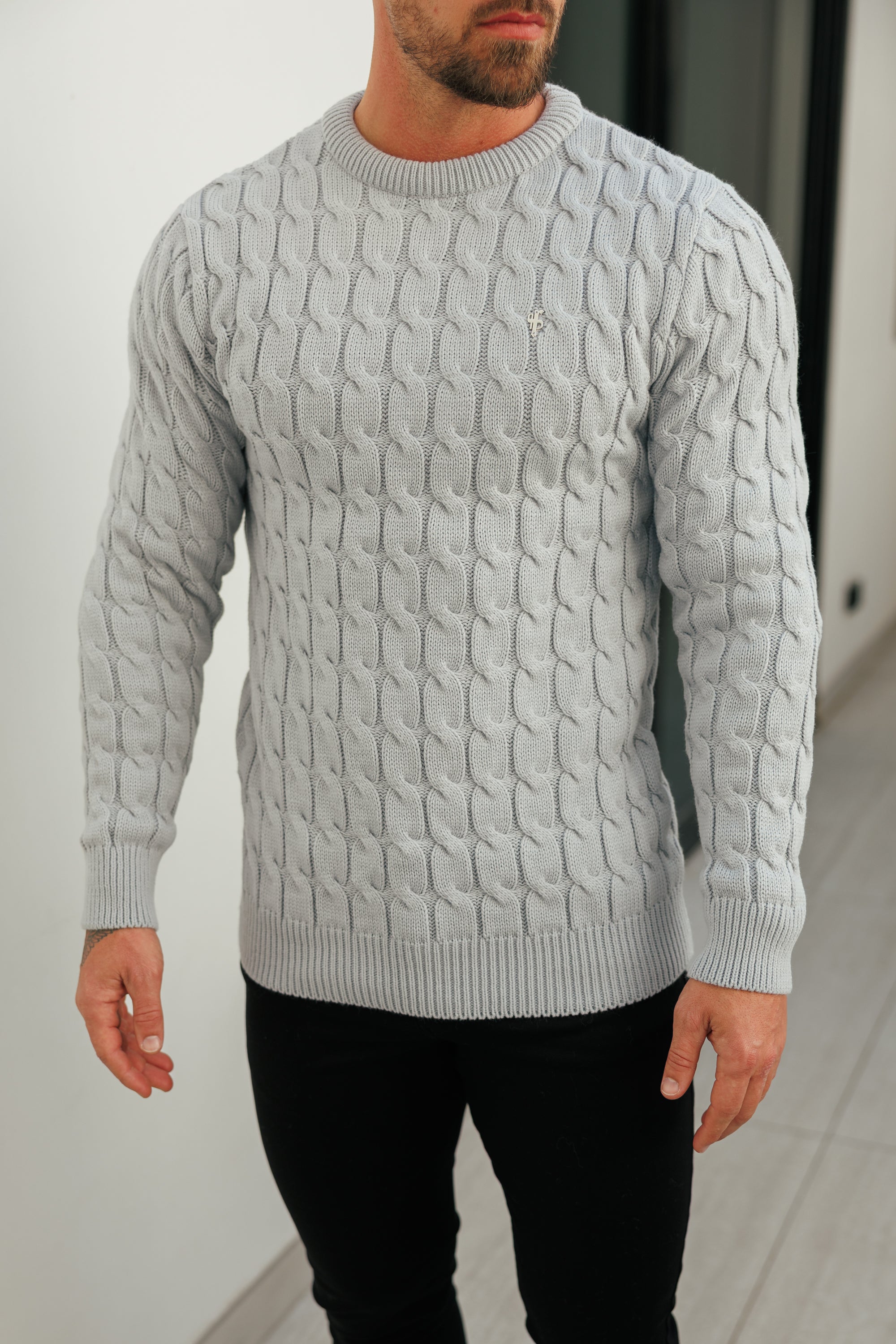 Link Weave Knit Cop Grey Crew Neck Jumper - FSJ129