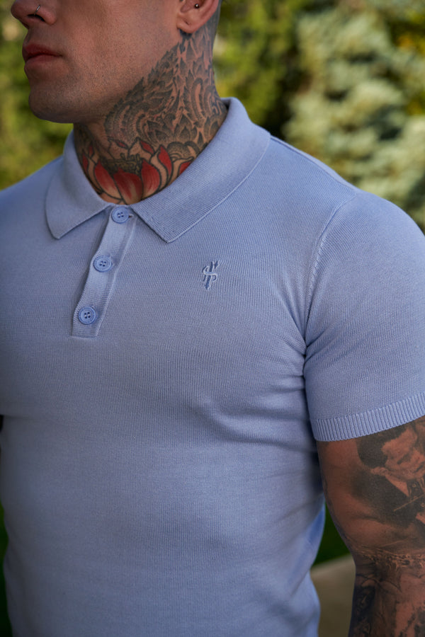 Father Sons Classic Pale Blue Knitted Polo Sweater Short Sleeve With Tonal FS Embroidery- FSN146