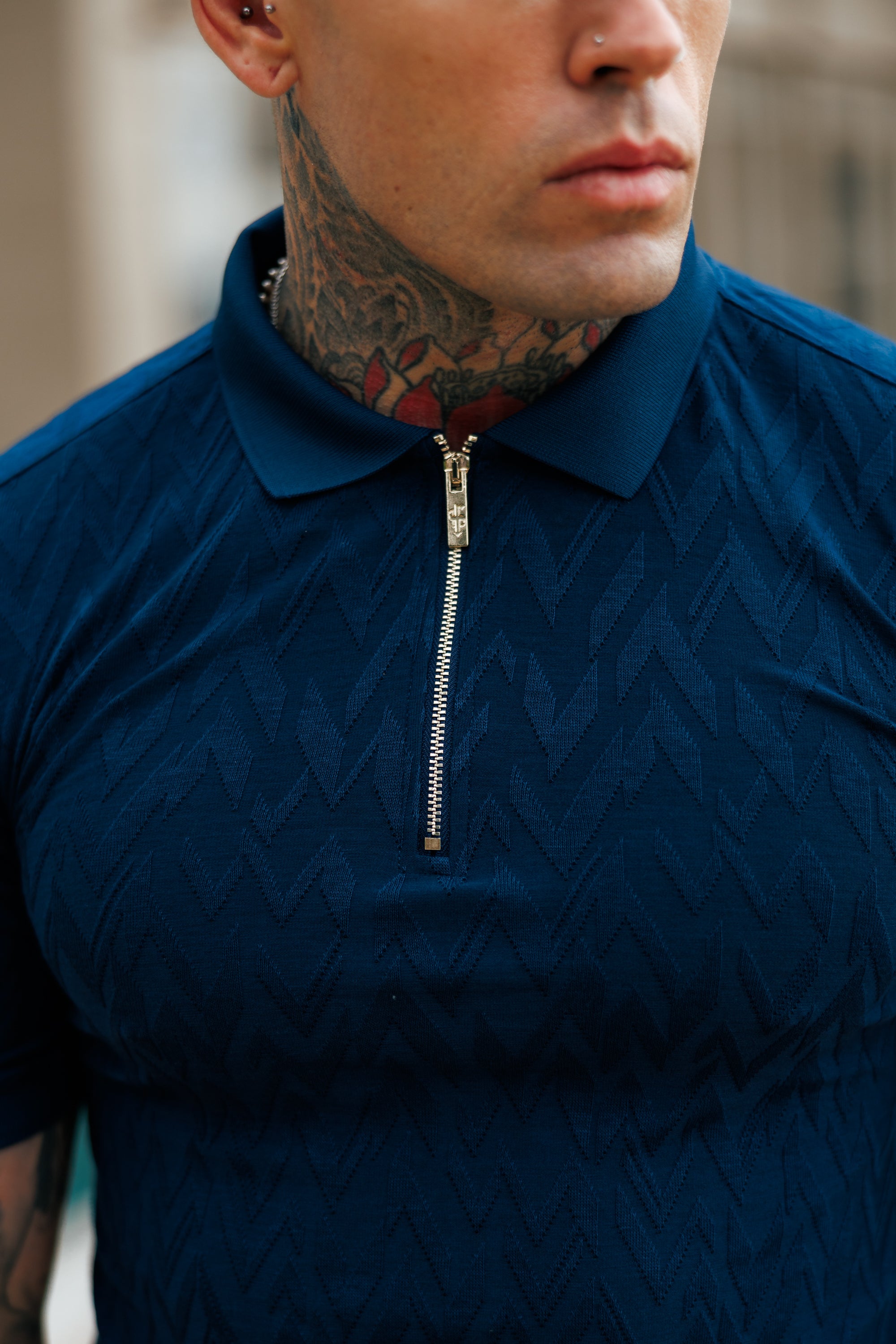 Classic Jacquard Navy Chevron Zipped Polo - FSR021
