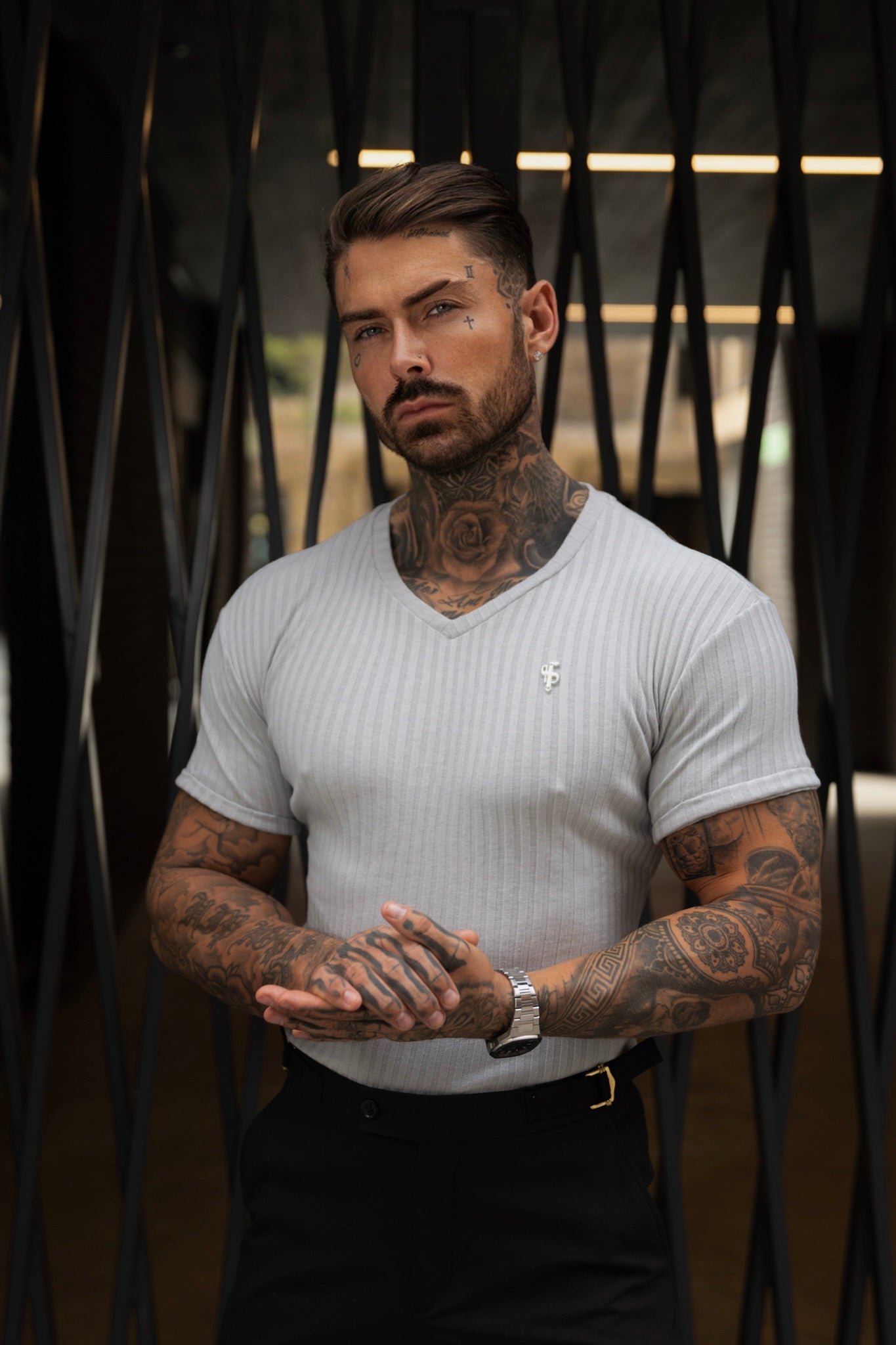 Classic Light Grey / Silver V Neck Ribbed Crew - FSH1126