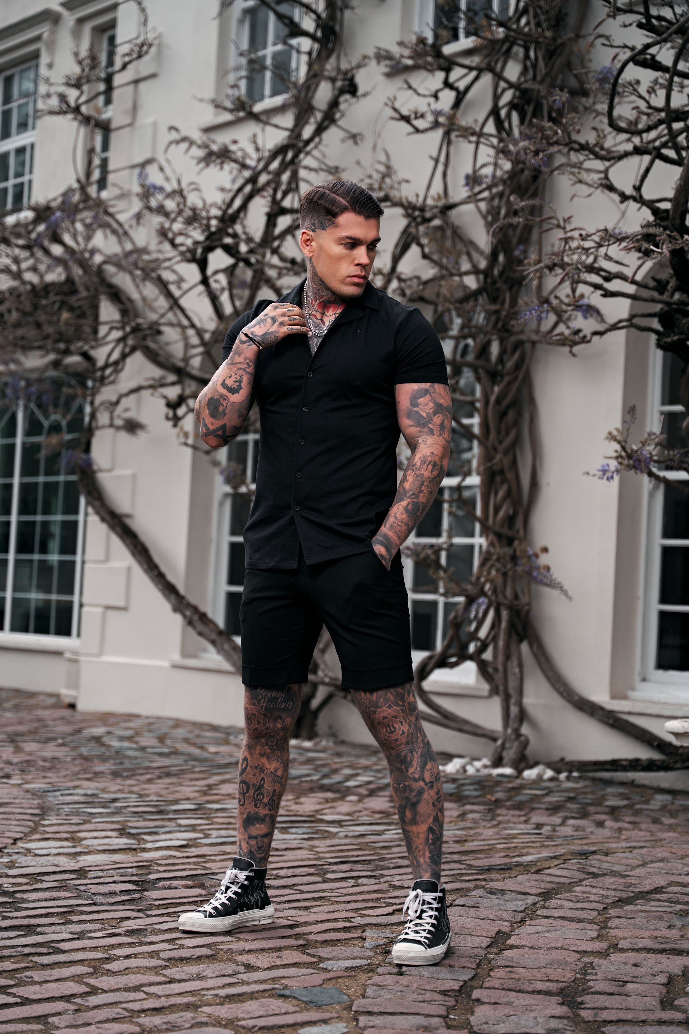Stretch Black Pique Revere Shirt Short Sleeve - FSH1067
