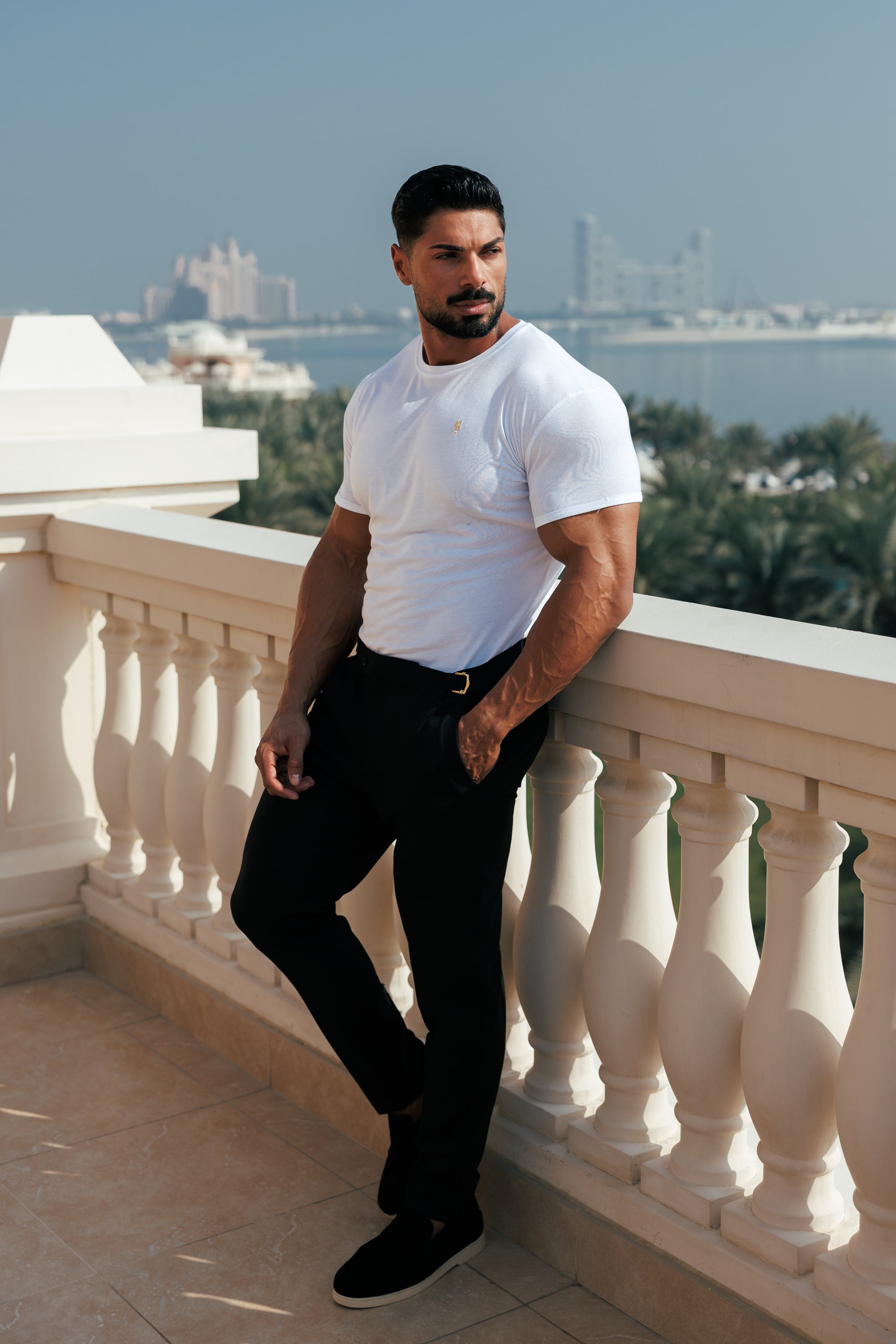 White Bamboo Crew Tshirt with Gold Metal Emblem Decal FSH1381