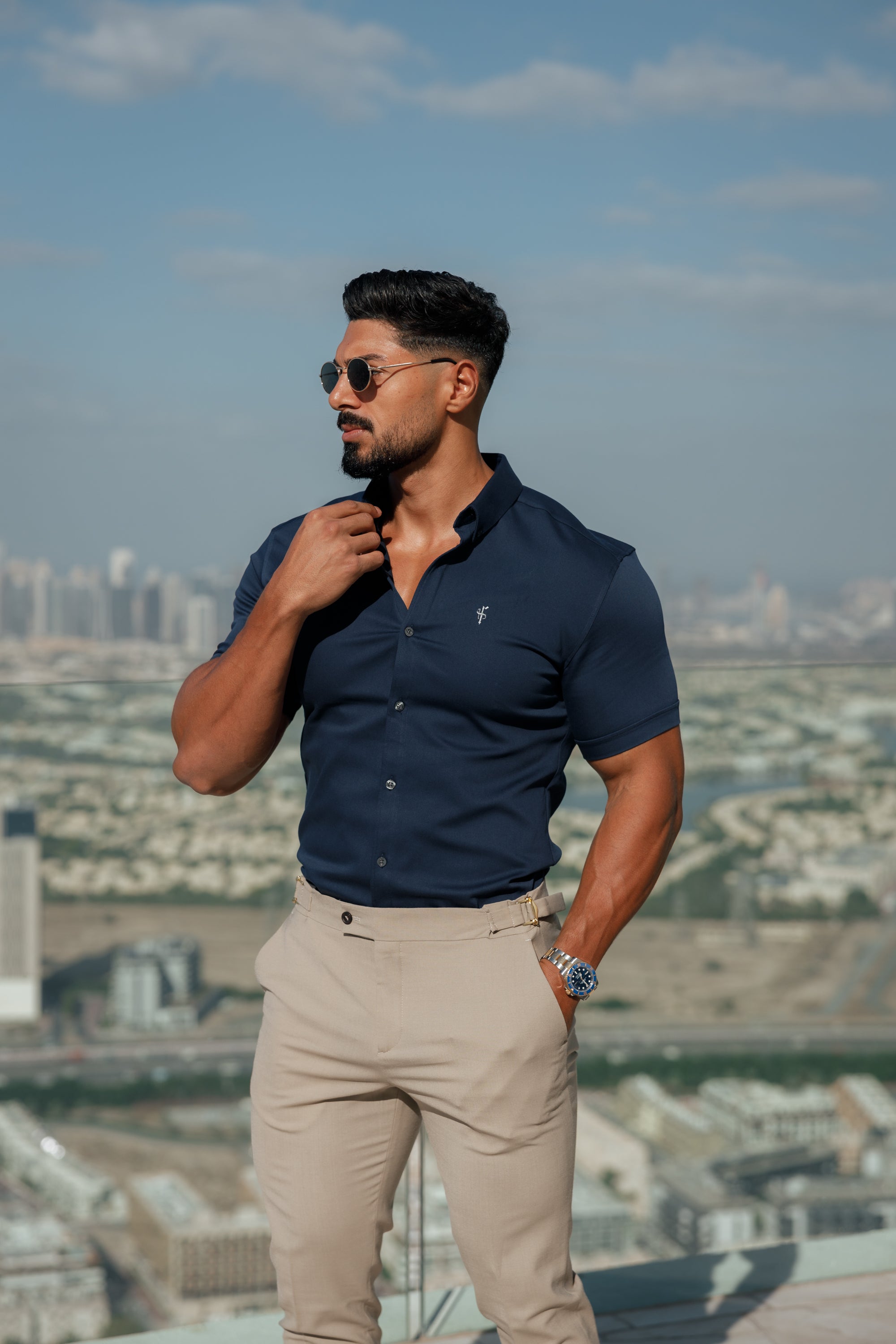 Super Slim Stretch New Navy Denim Short Sleeve With Button Down Collar - FS1019