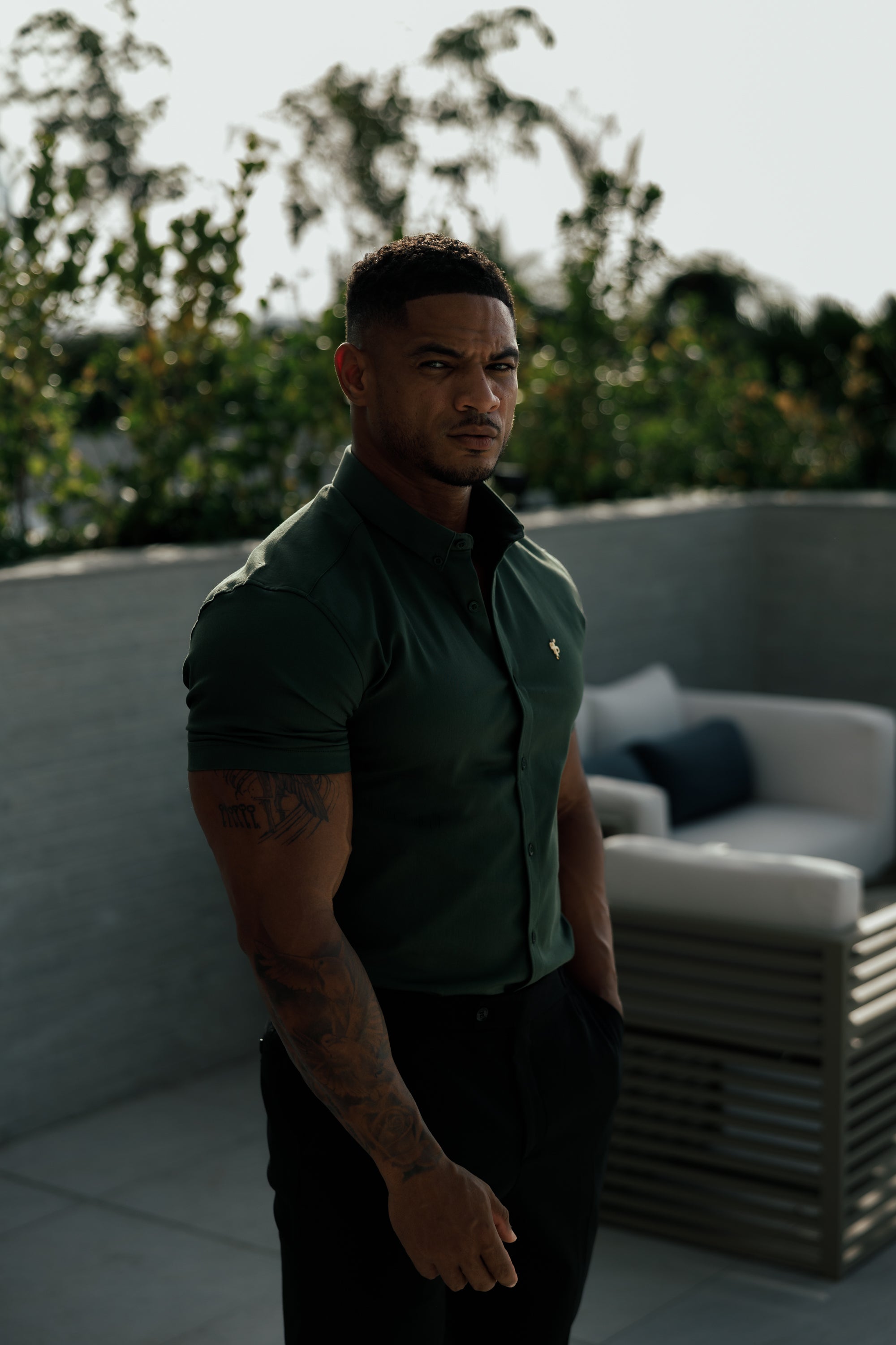 Super Slim Stretch Khaki Denim Short Sleeve with Gold Metal Decal and Button Down Collar - FS1043