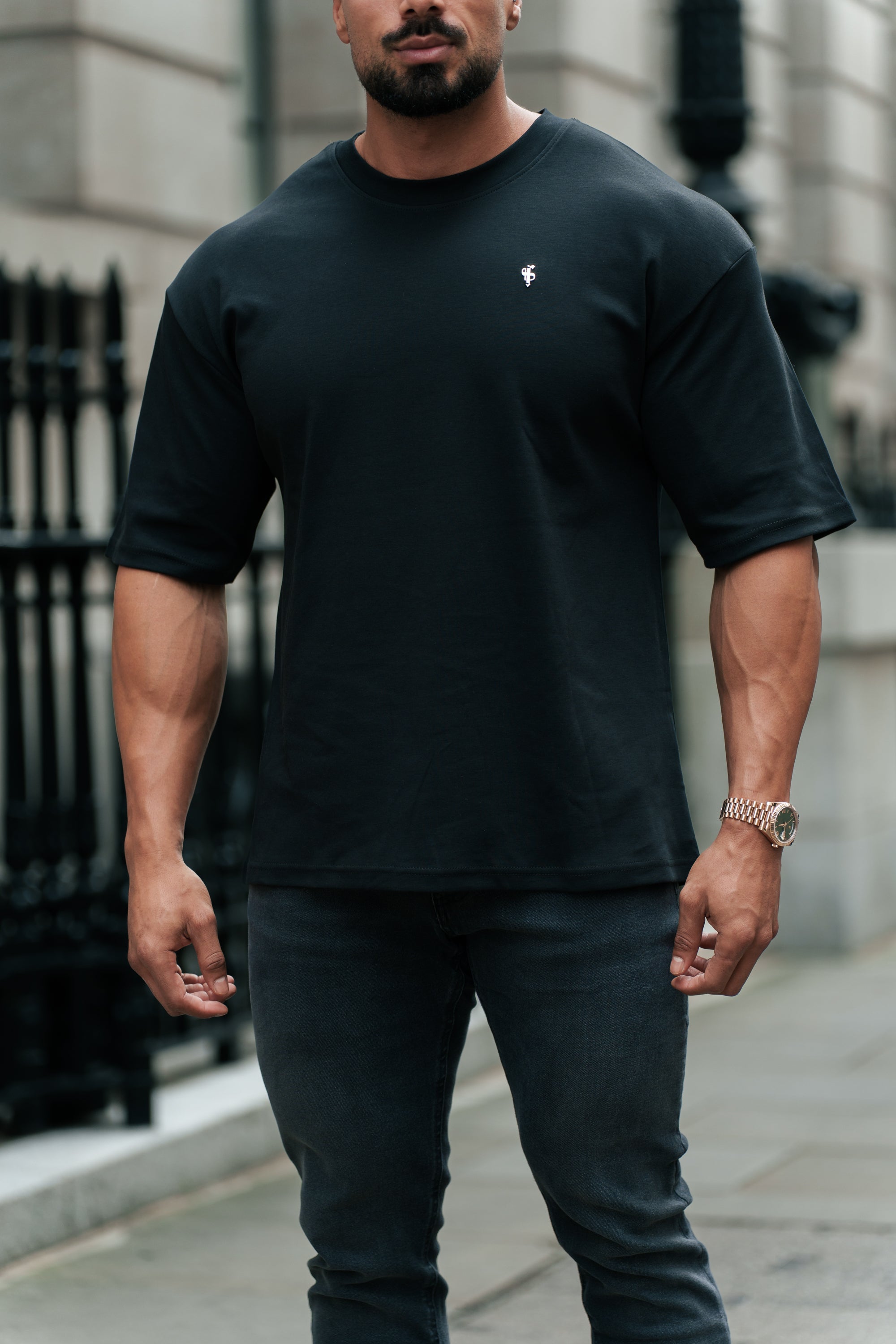 Black / Gold Oversized Crew T Shirt - FSH1373