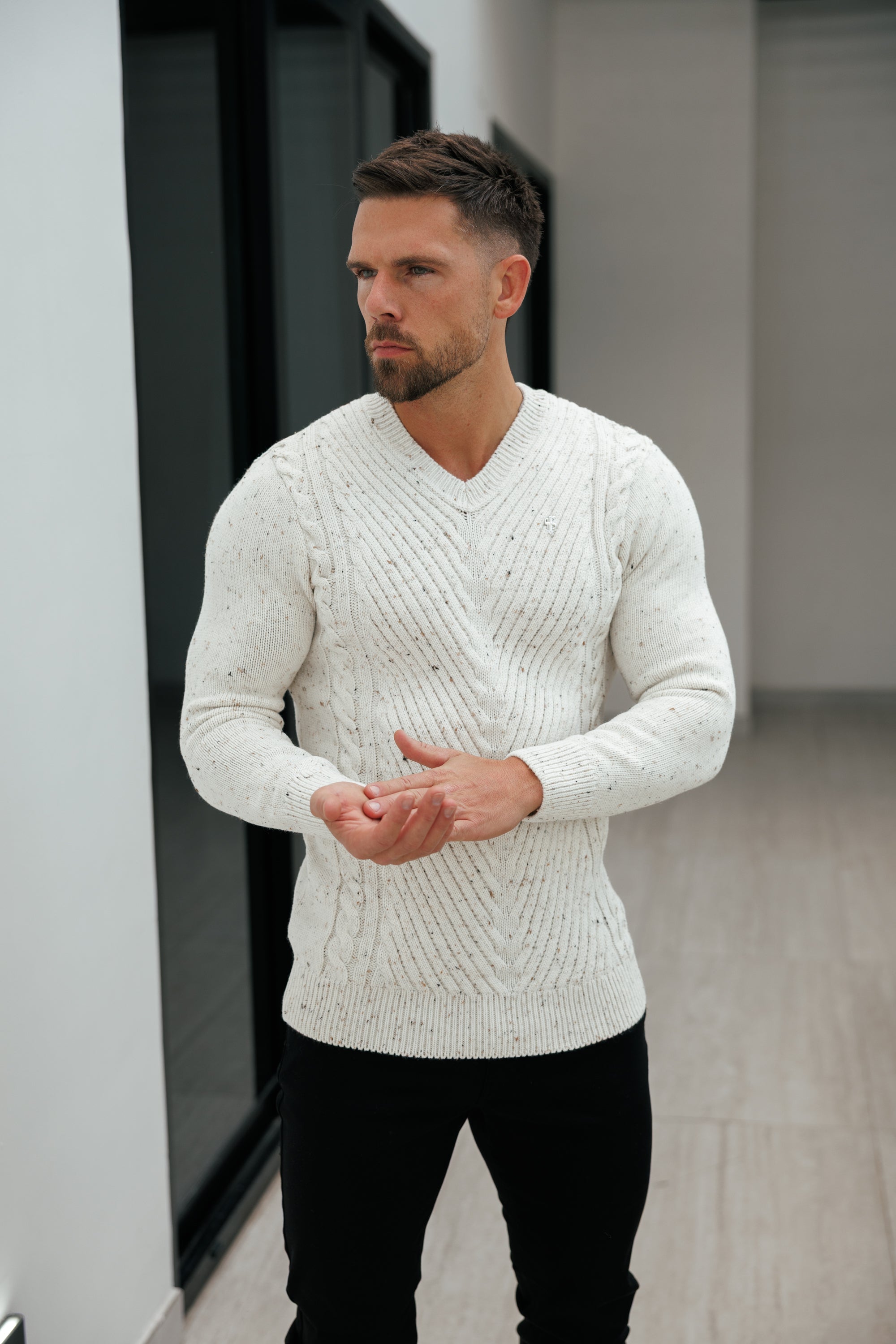 Chevron Front Beige Fleck V Neck Jumper - FSJ153