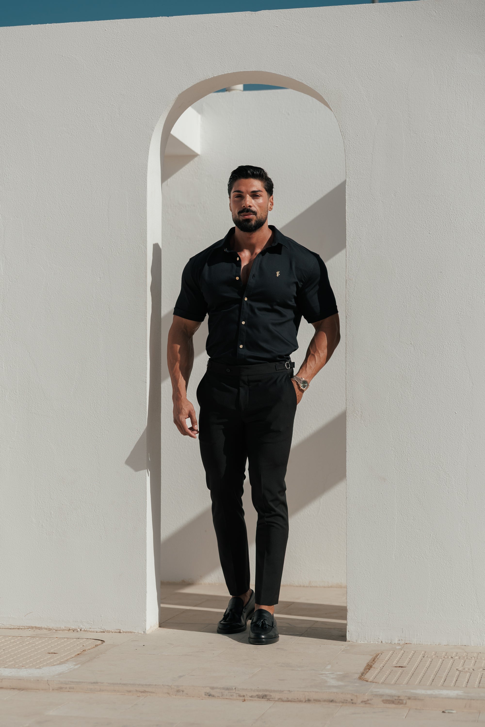 Slim Formal Black Stretch Trousers With Gold Waist Adjusters - FST041