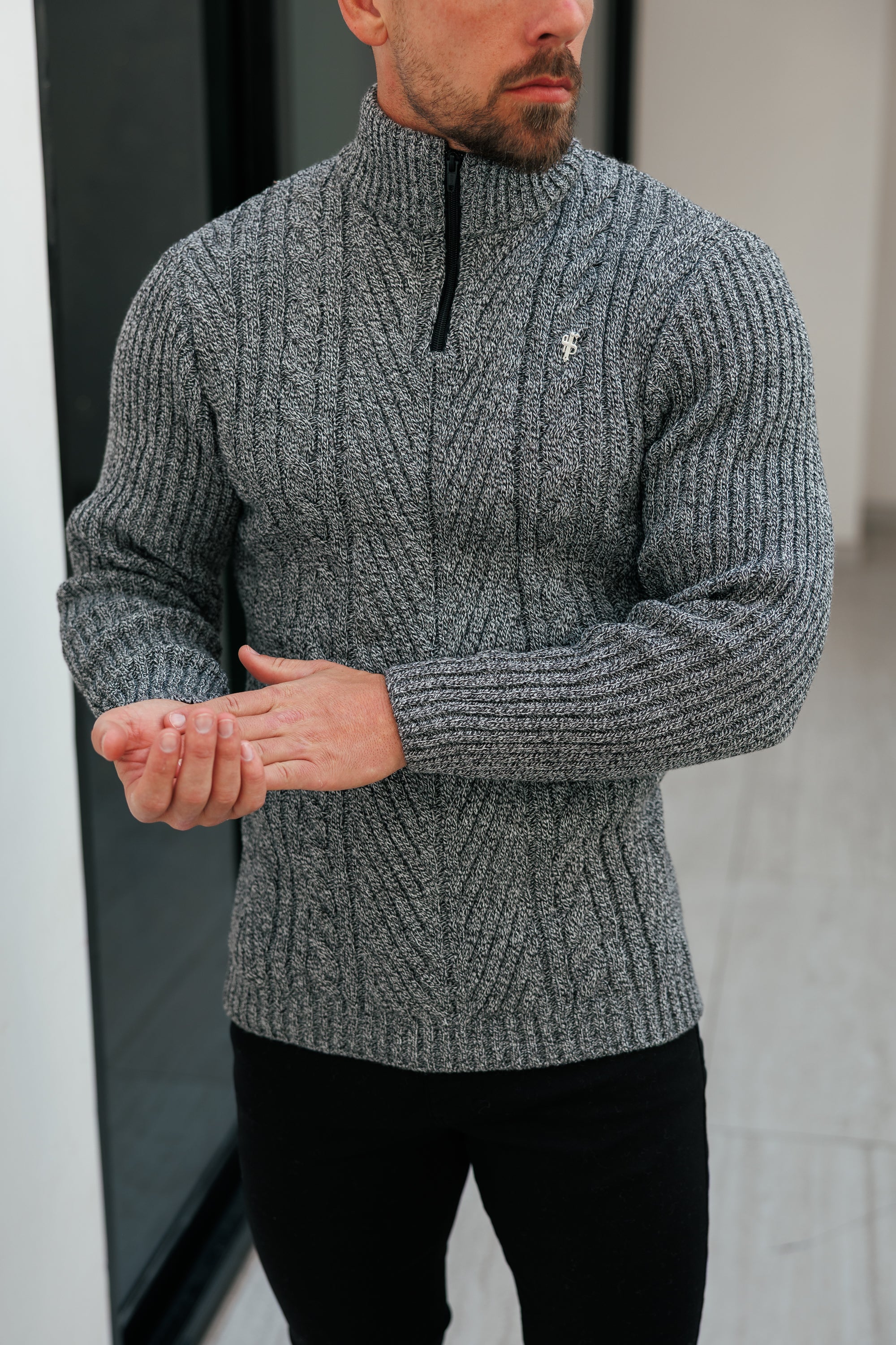Funnel Neck Jumper with Quarter Zip Black / White Two Tone - FSJ154