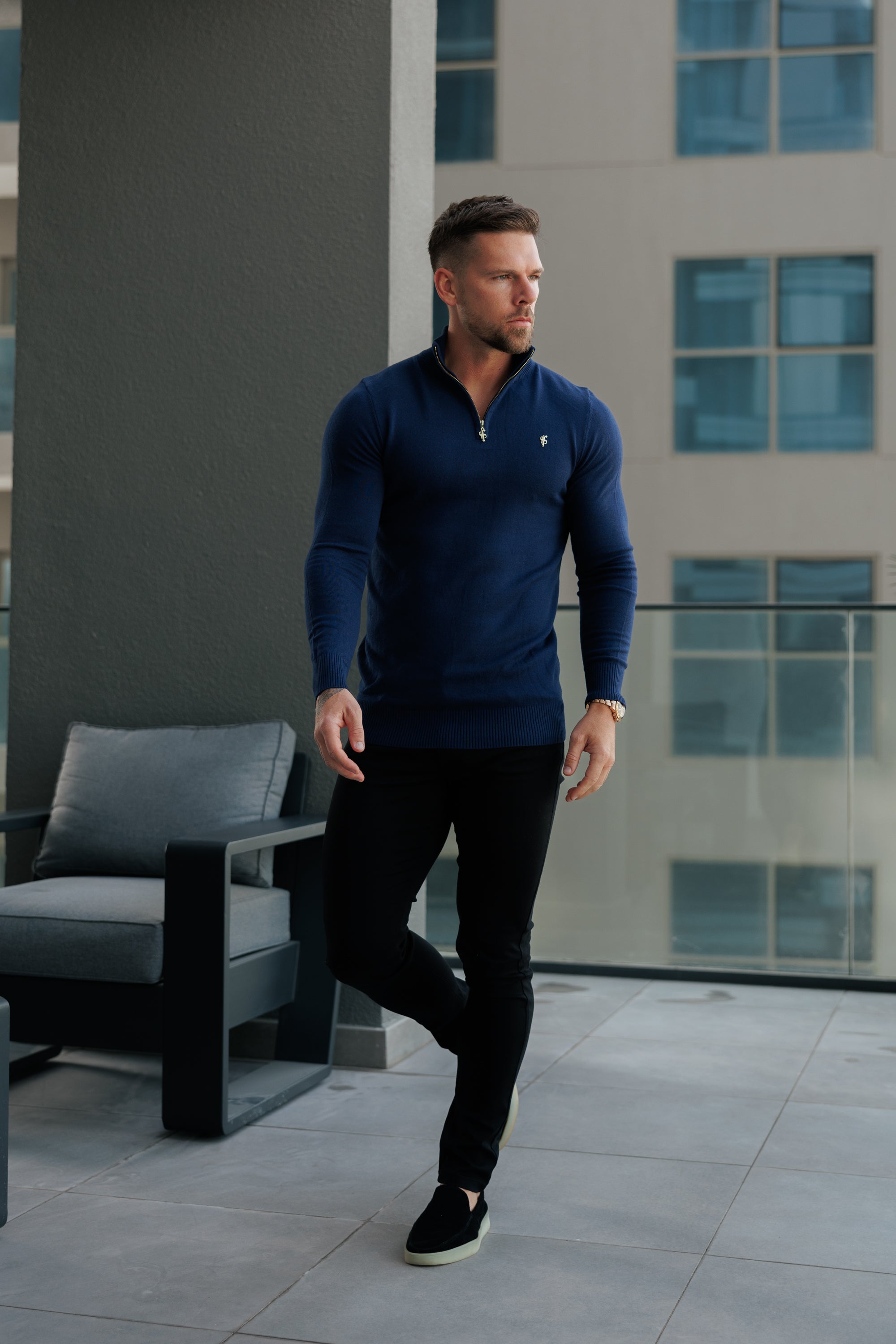 FS Navy Funnel Neck Knitted Jumper With FS Branding -  FSN191