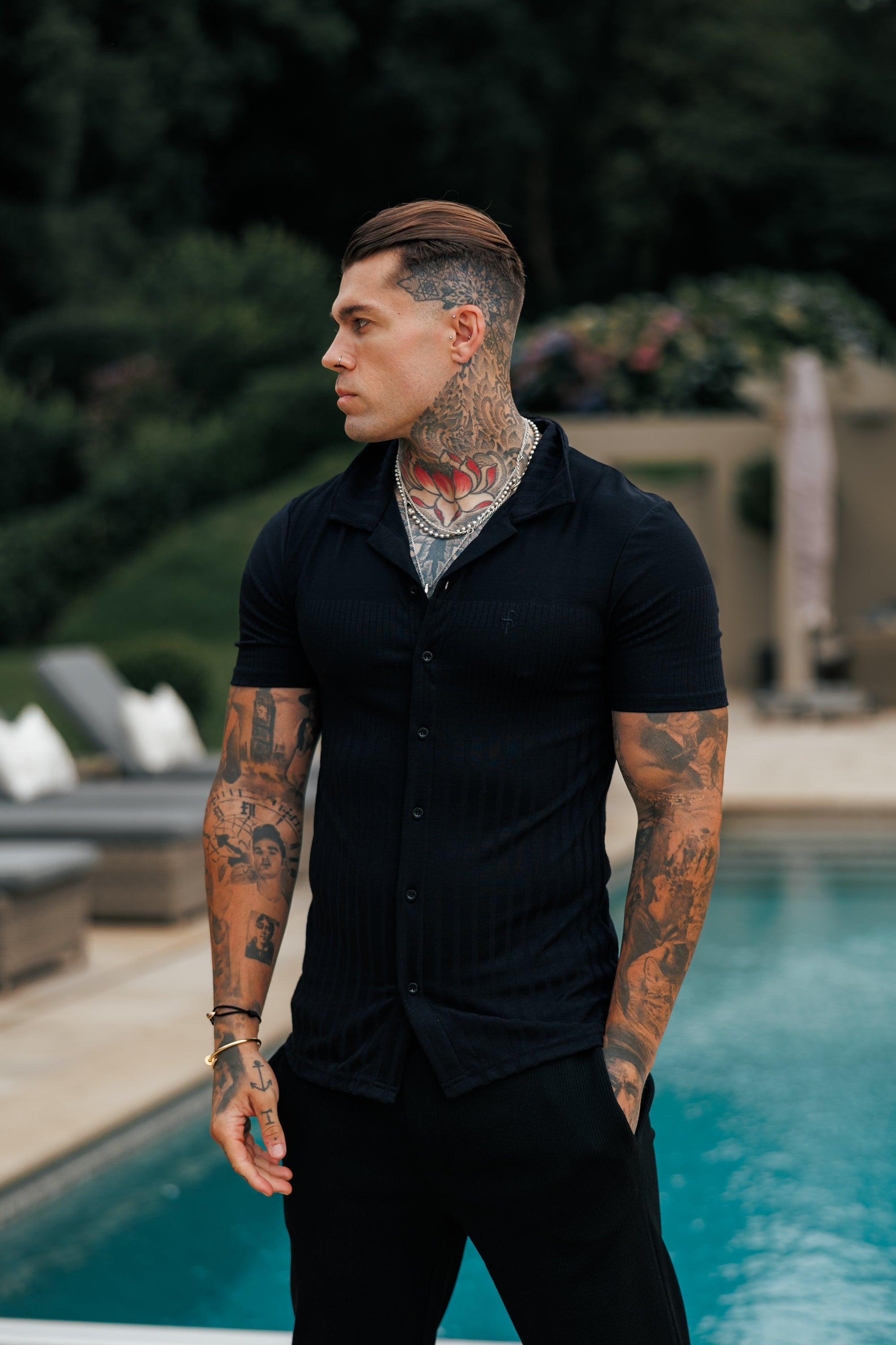 Jersey Revere Vertical Stripe Black Shirt Short Sleeve - FSR024