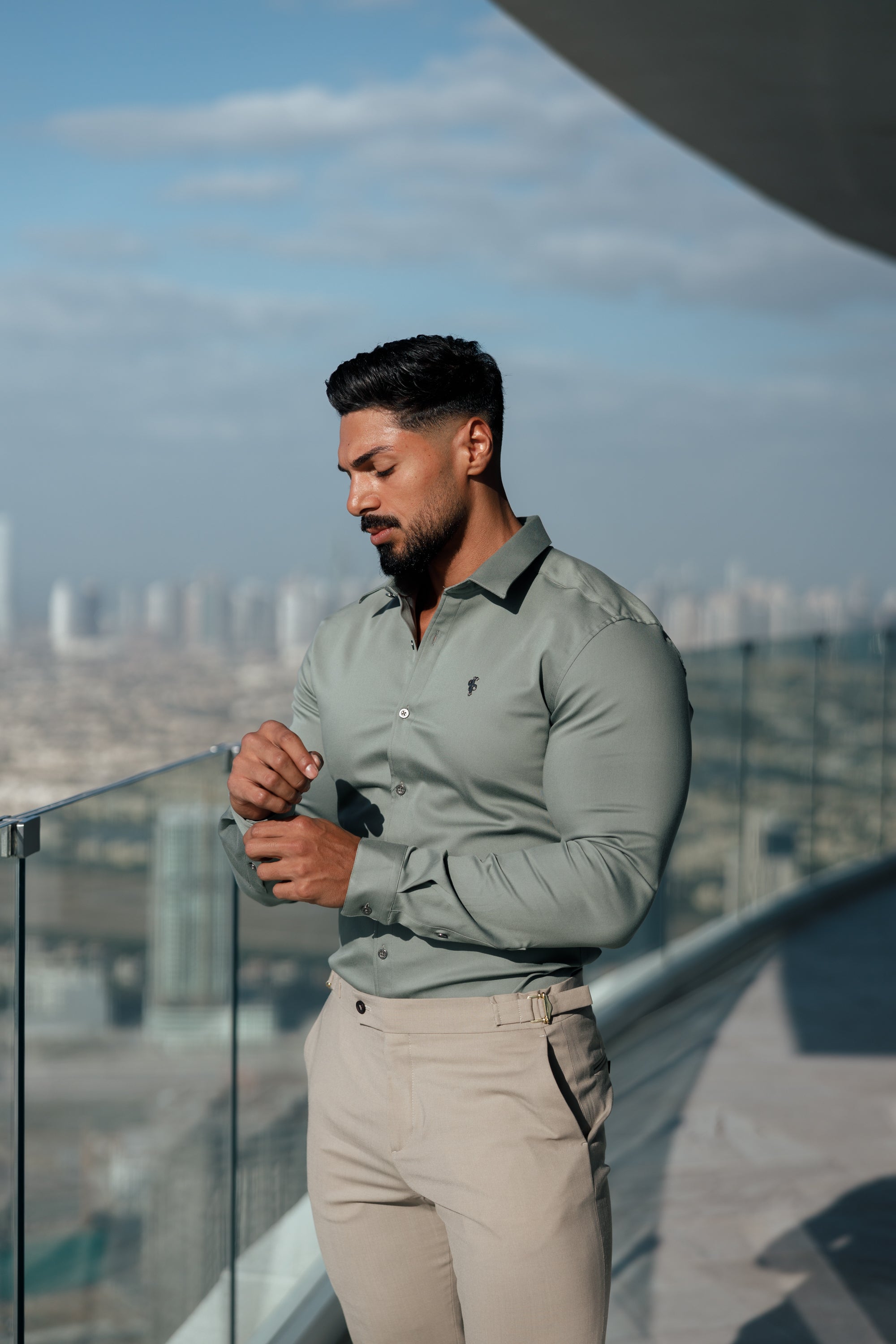 Super Slim Stretch Sage Green Denim Long Sleeve With Metal Buttons and Decal - FS1020