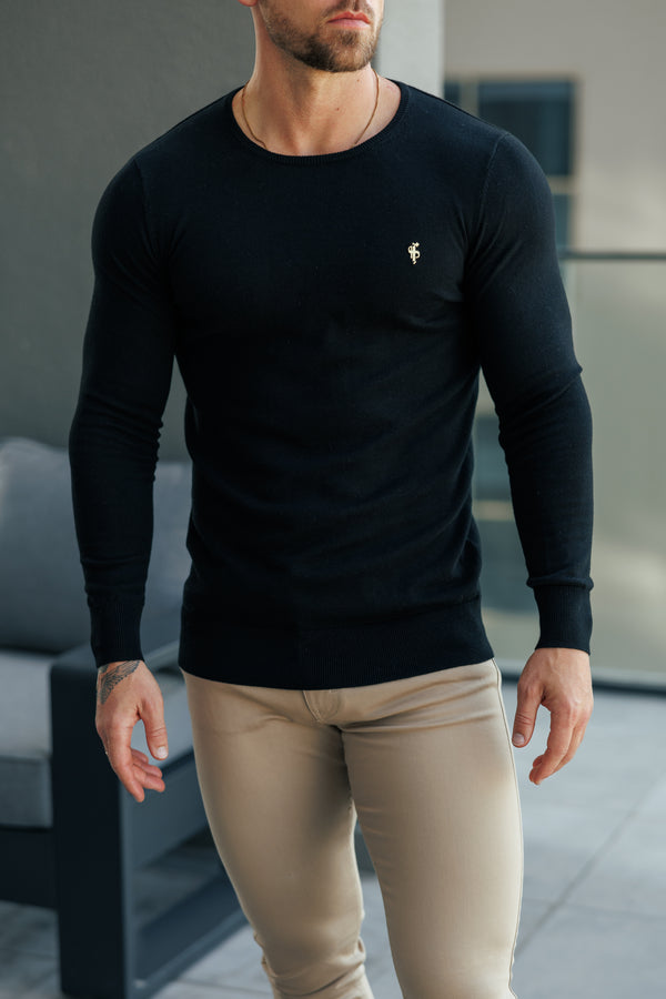 FS Black Crew Neck Knitted Jumper With FS Branding -  FSN194