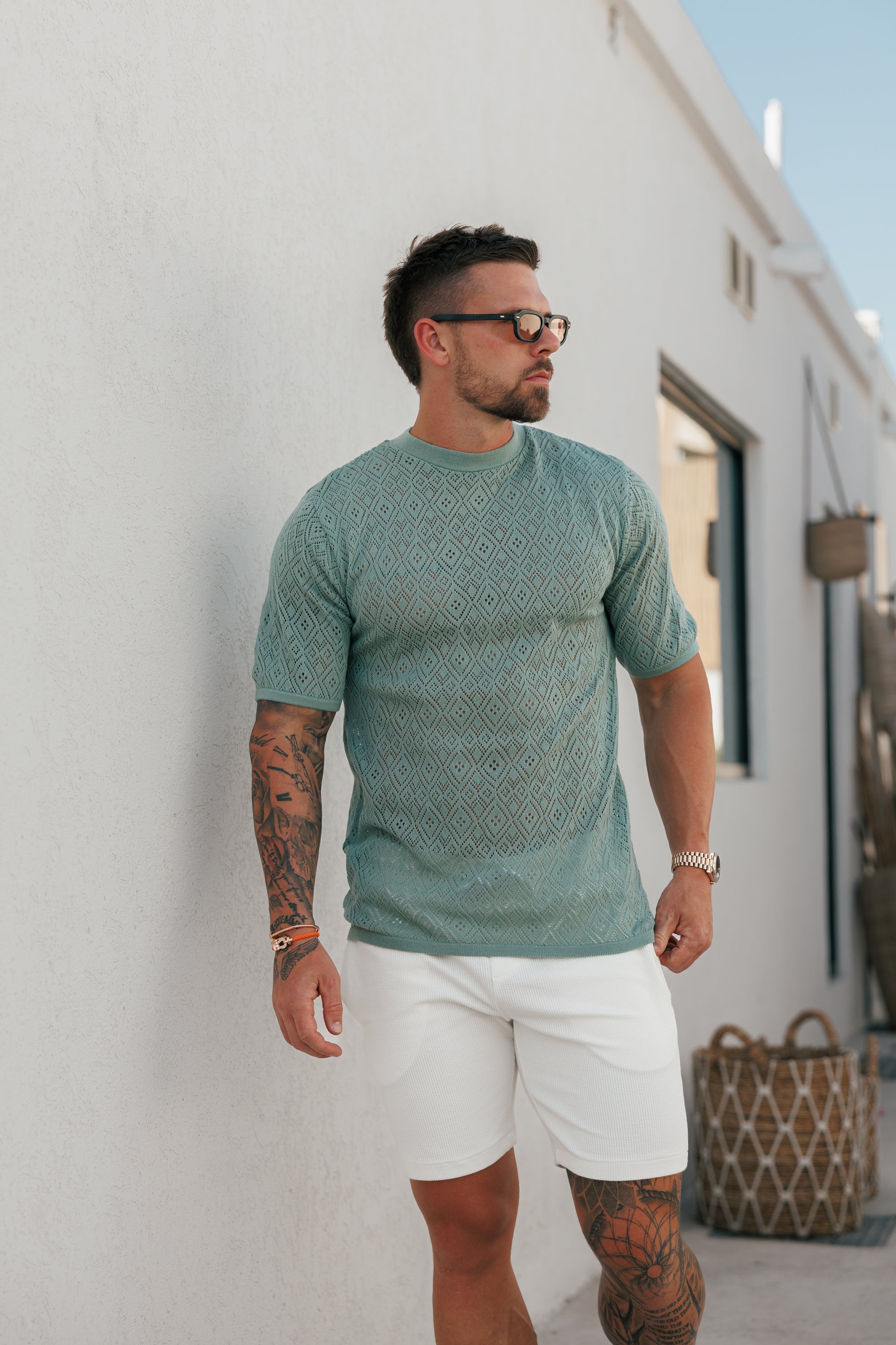 Crochet Crew T-Shirt Light Green Short Sleeve - FSJ091