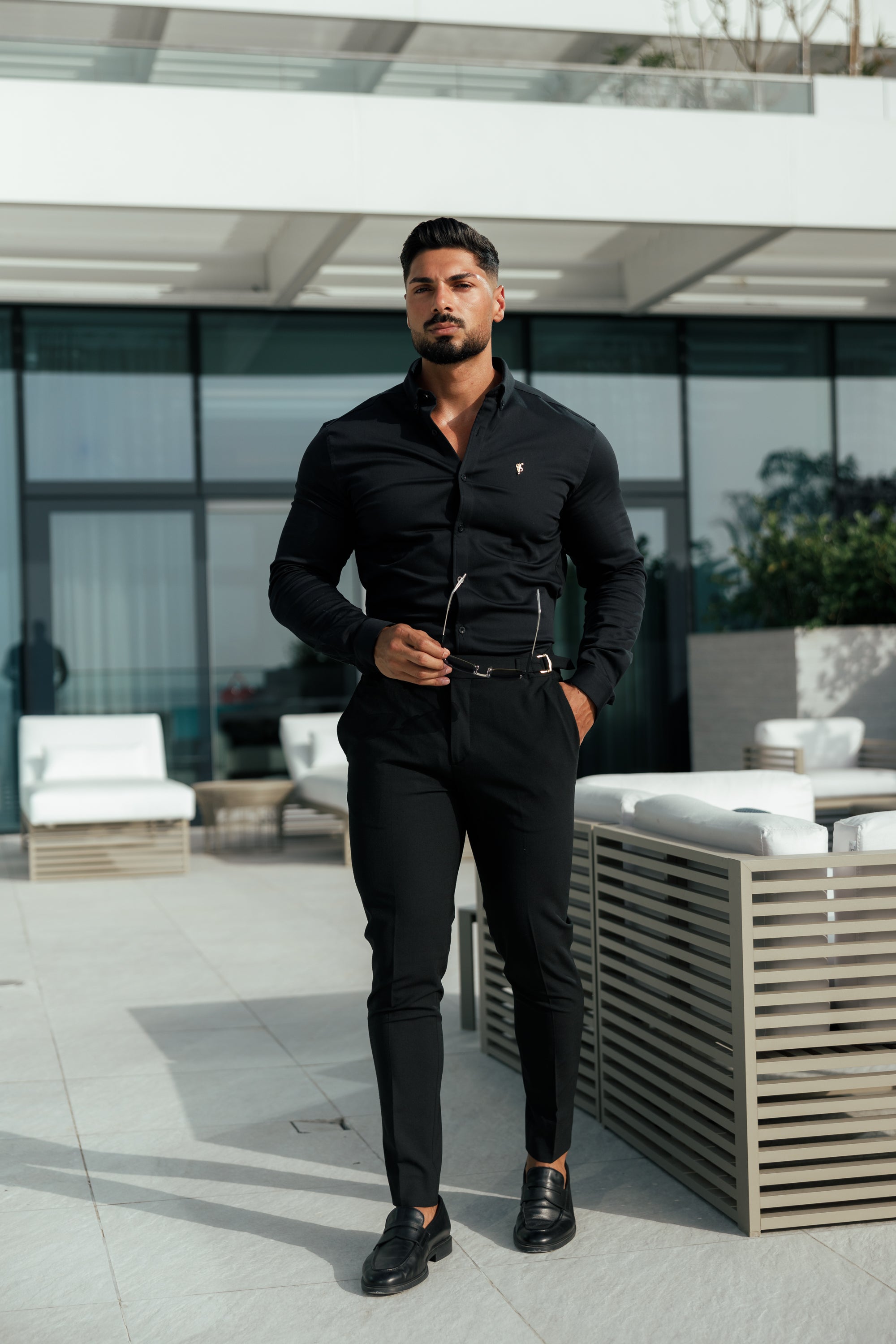 Super Slim Stretch Black Denim Long Sleeve with Gold Metal Decal and Button Down Collar - FS1040