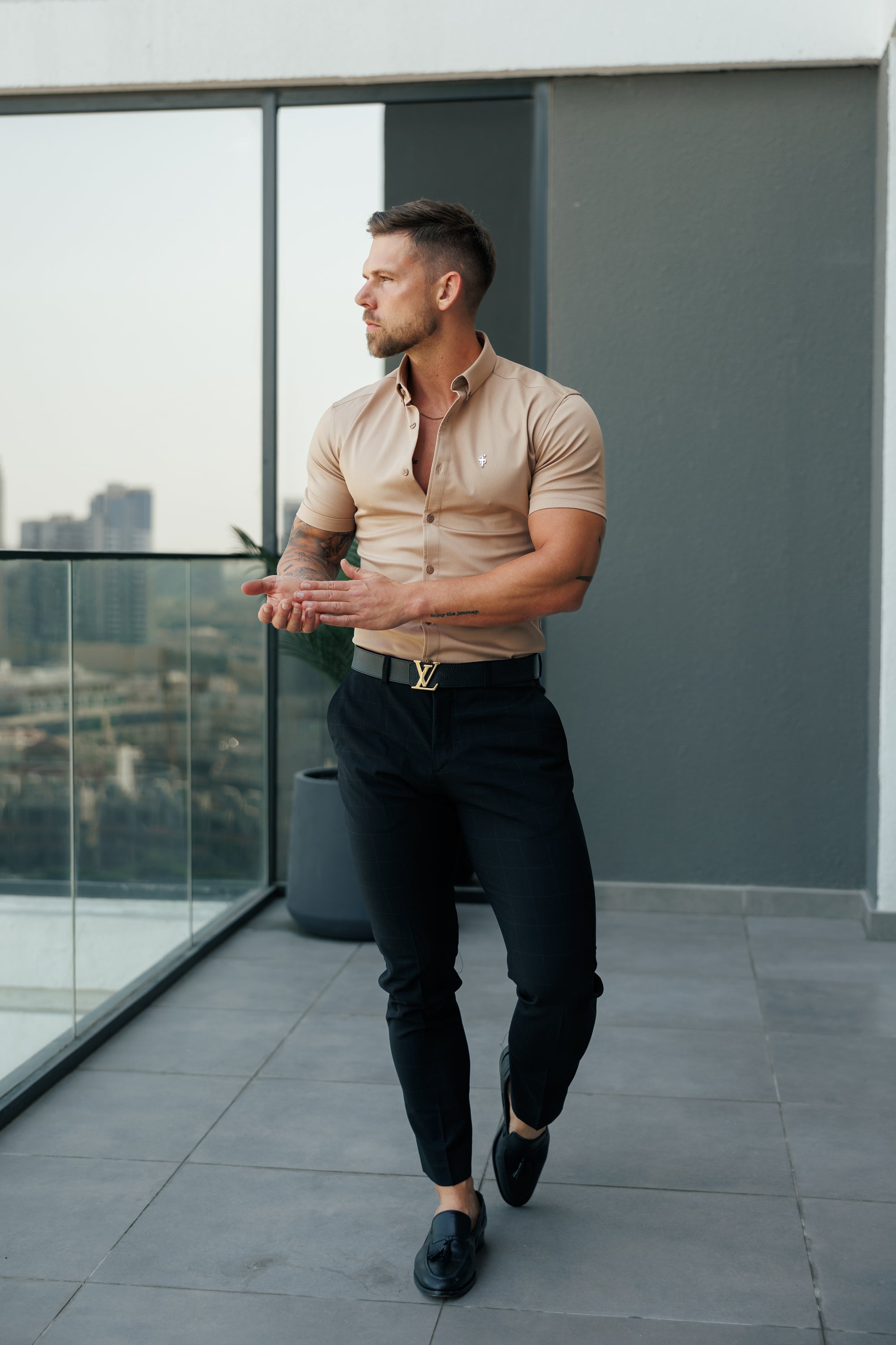 Super Slim Stretch Light Tan Denim Short Sleeve with Button Down Collar - FS1133