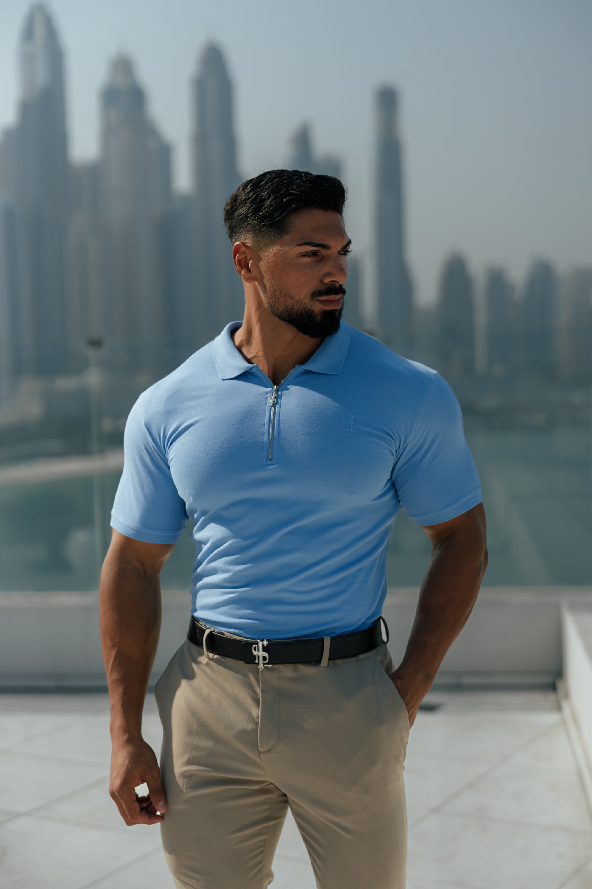 Classic Light Blue and Silver Zipped Polo Shirt - FSH856