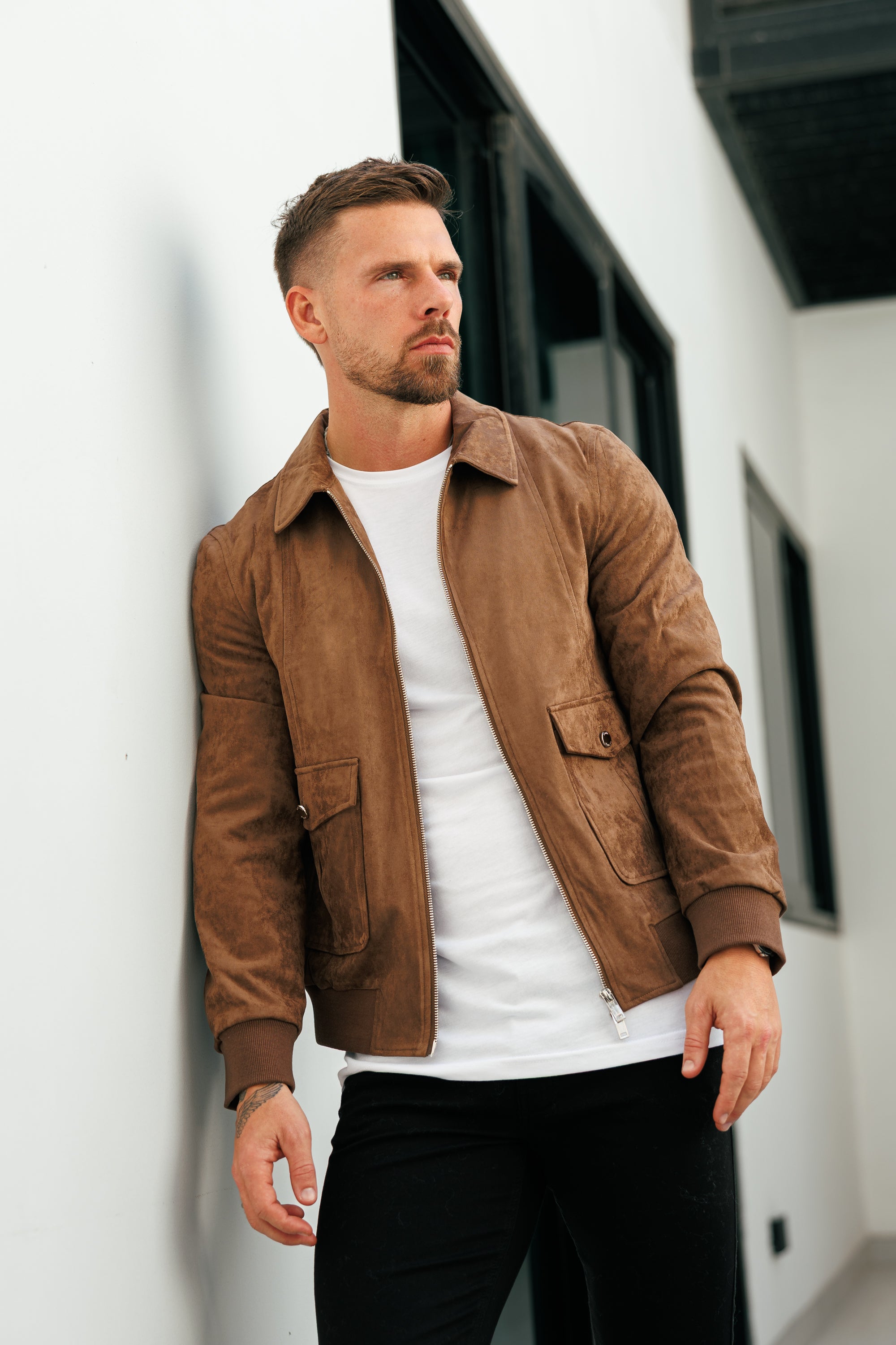 Suede Feel Light Brown Bomber Jacket - FSN229