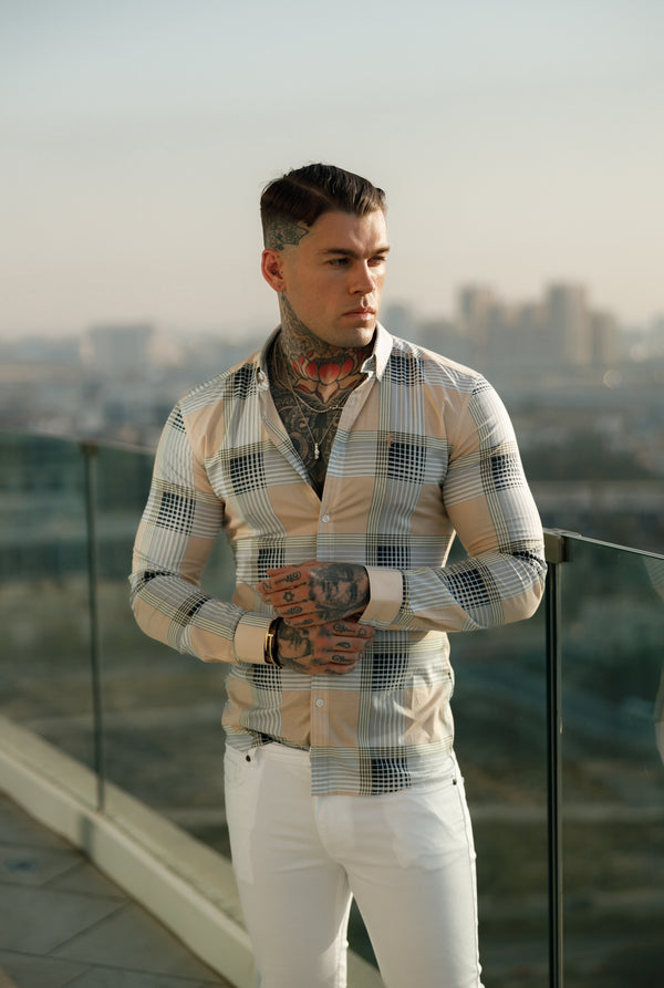 Father Sons Super Slim Stretch Peach / Grey Check Print Long Sleeve with Button Down Collar - FS901 (PRE ORDER 12TH JUNE)