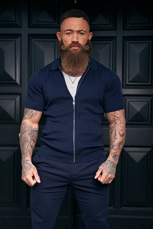 Father Sons Classic Knitted Geo Design With Full Length Zip Navy Short Sleeve - FSN149 (PRE ORDER 21ST MAY)