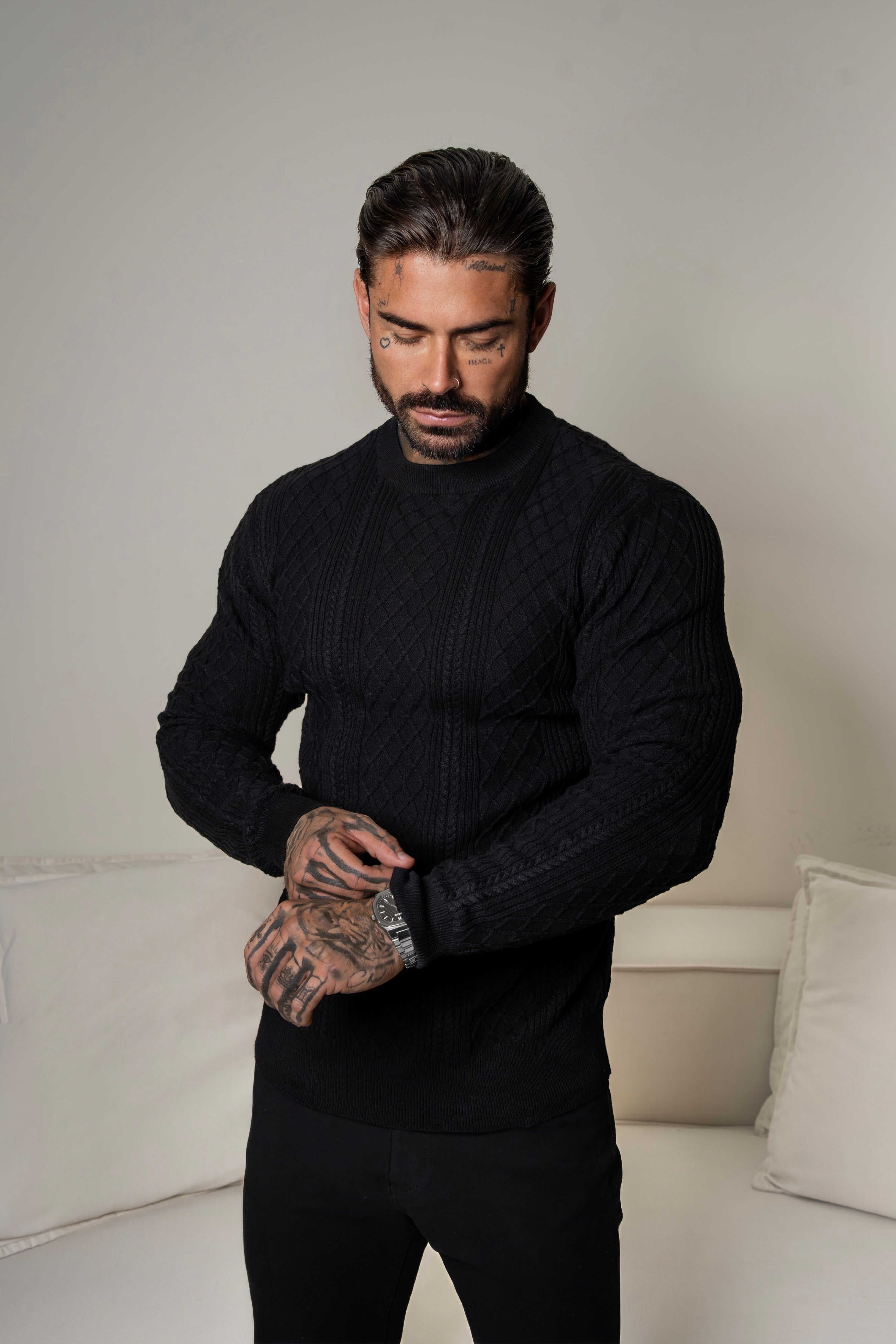 Fine Knit Diamond Black Jumper Long Sleeve  -  FSA006