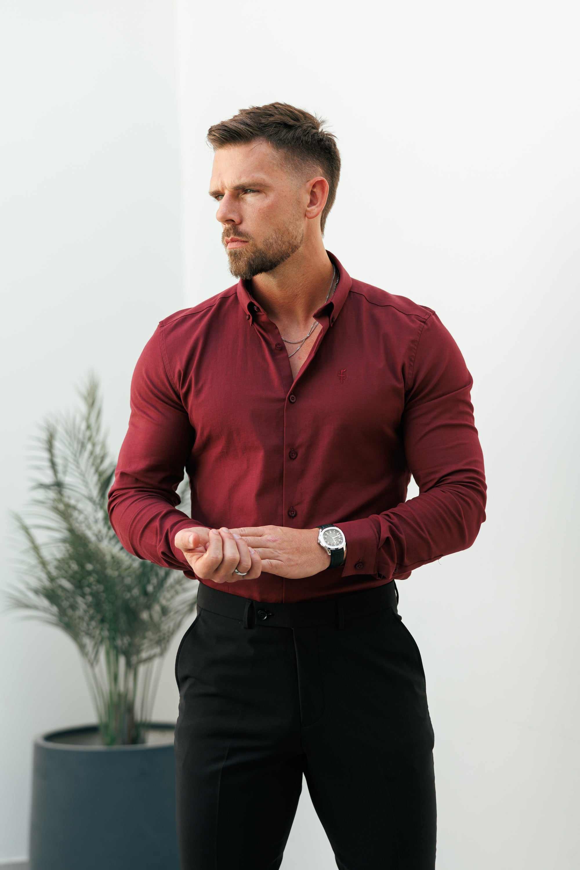 Classic Stretch Oxford Long Sleeve Oxblood / Burgundy with Button Down Collar - FS1219