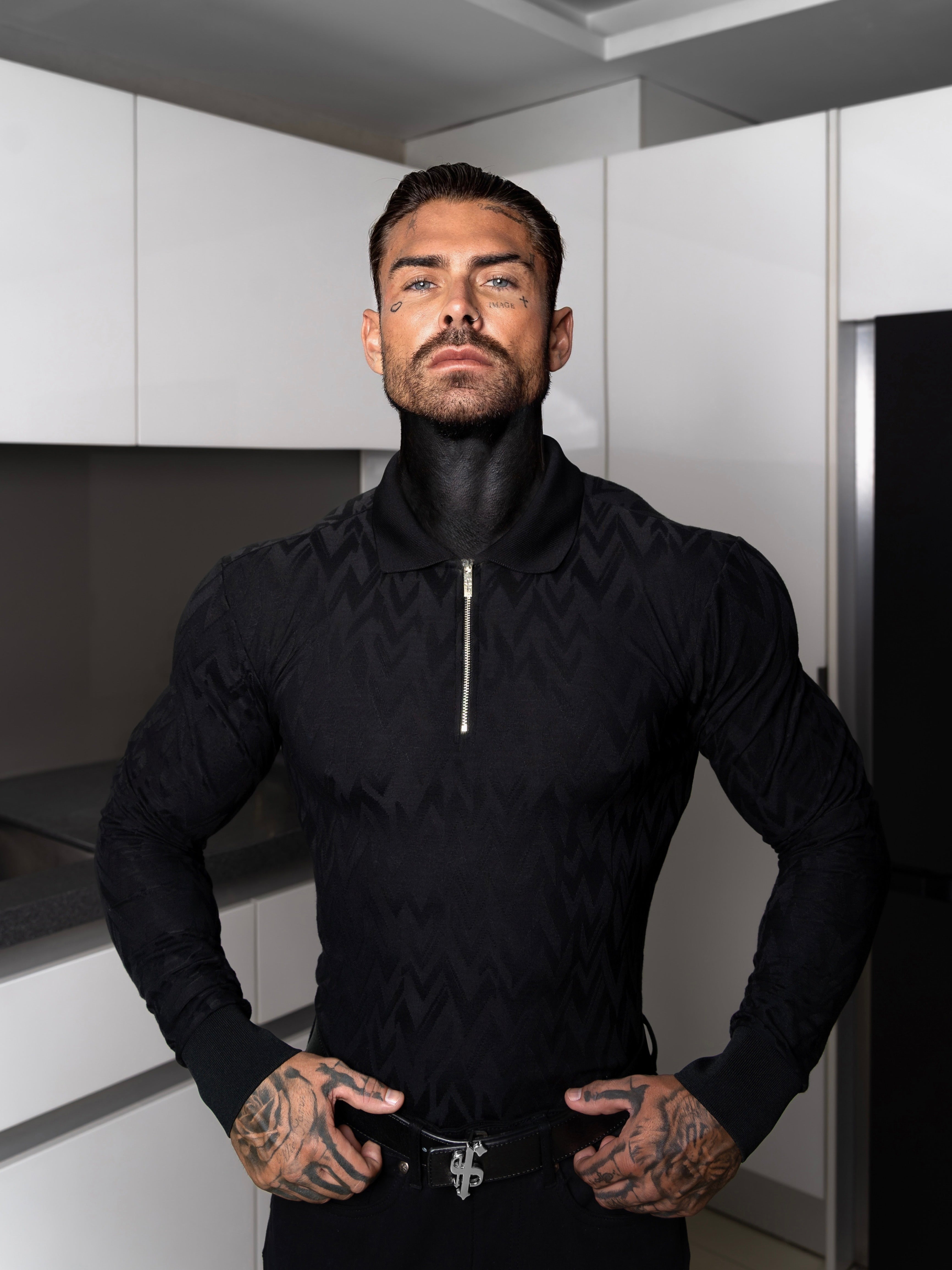 Classic Jacquard Black Chevron Zipped Polo Long Sleeve - FSR043