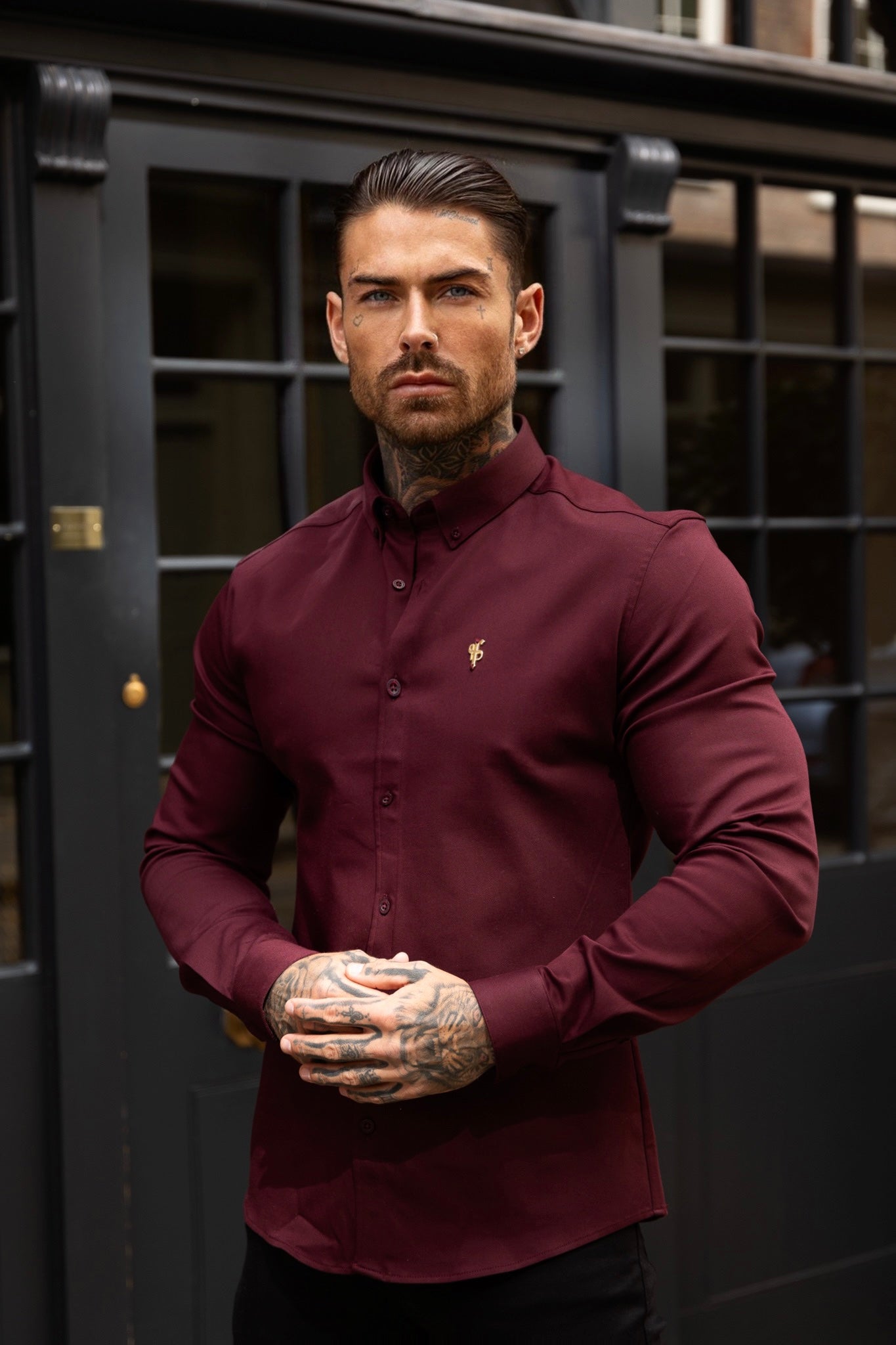 Super Slim Stretch Burgundy Denim Long Sleeve with Gold Metal Decal and Button Down Collar - FS1046