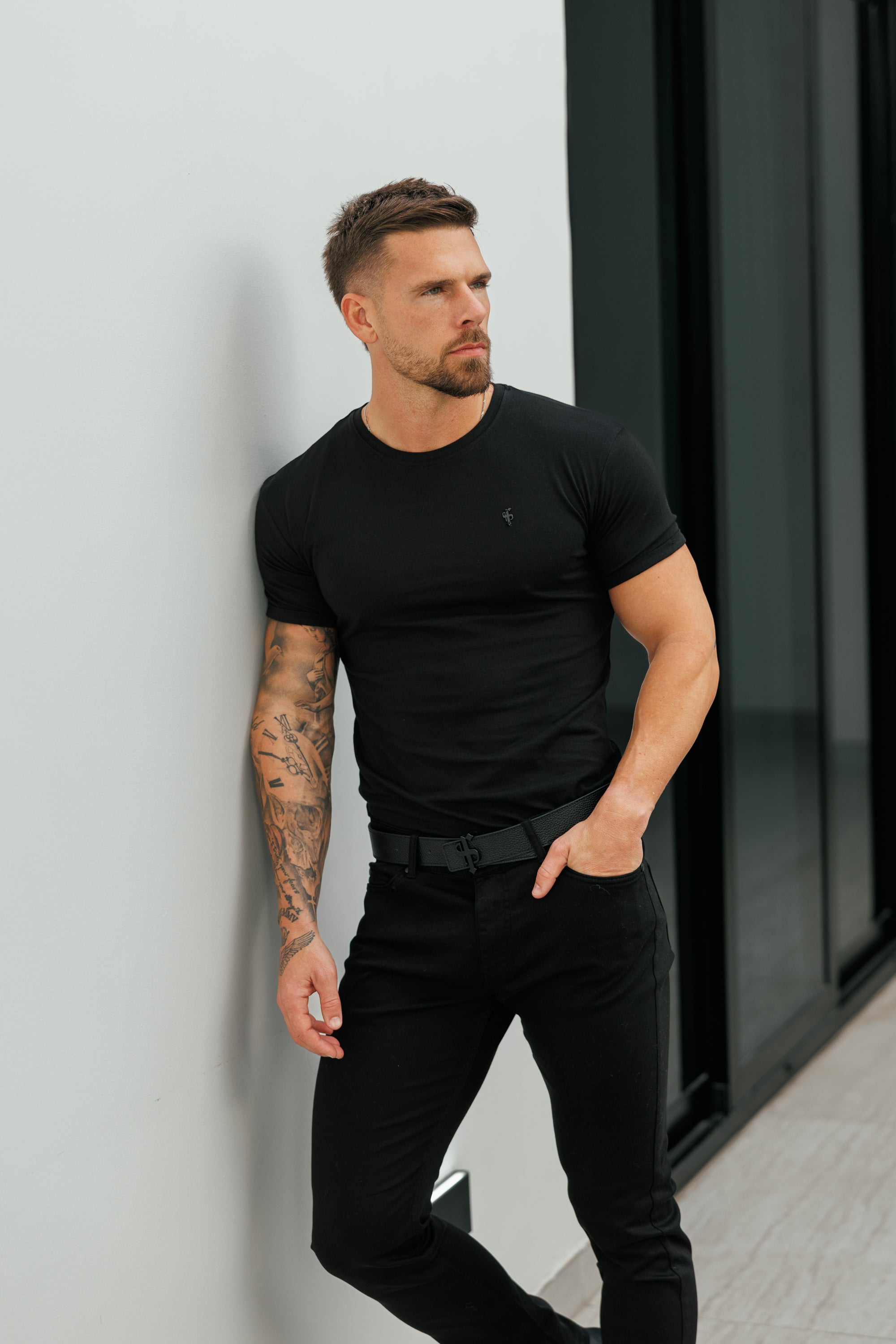 Black Crew Tshirt with Black Metal Emblem Decal FSH1454