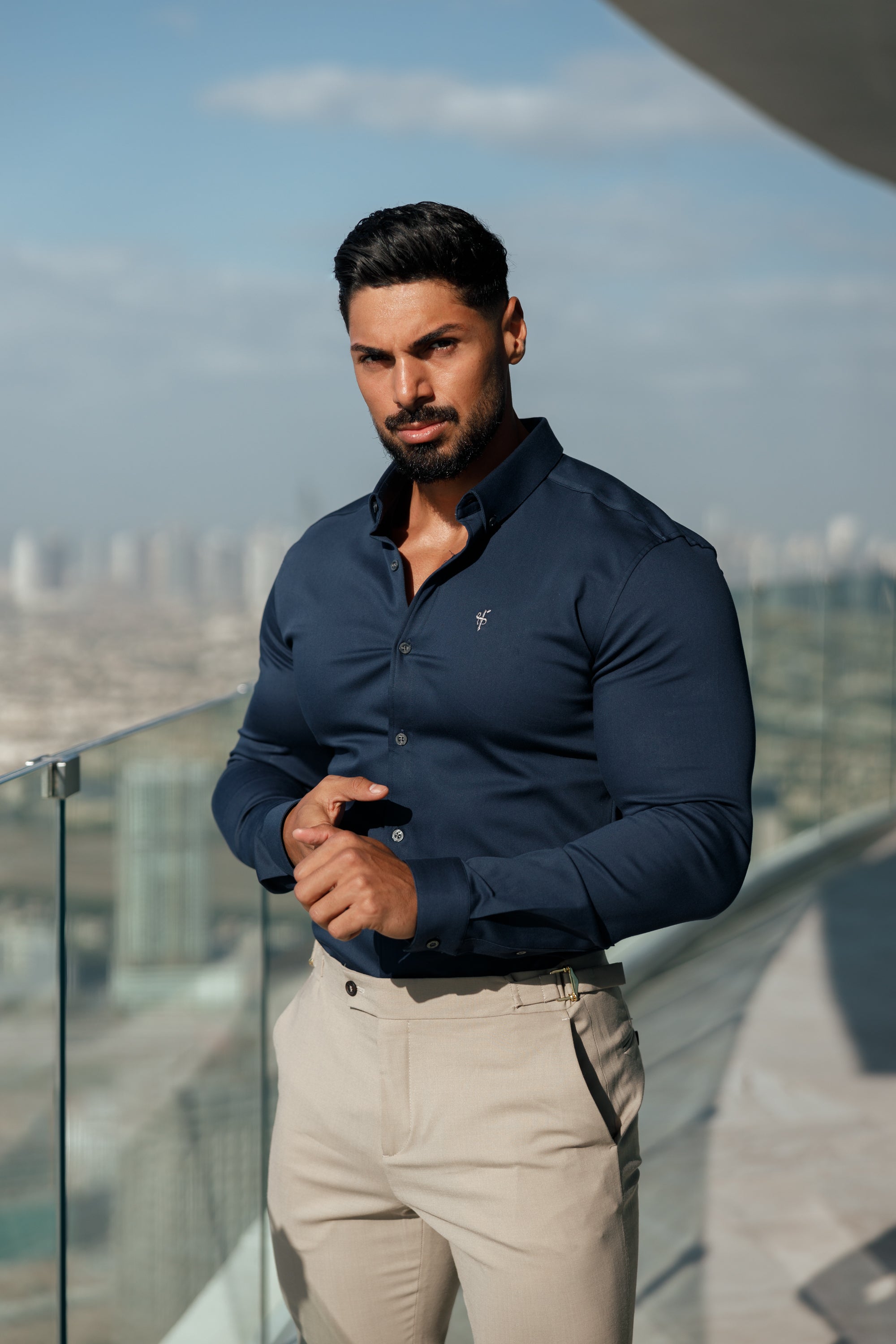 Super Slim Stretch New Navy Denim Long Sleeve With Button Down Collar - FS1018