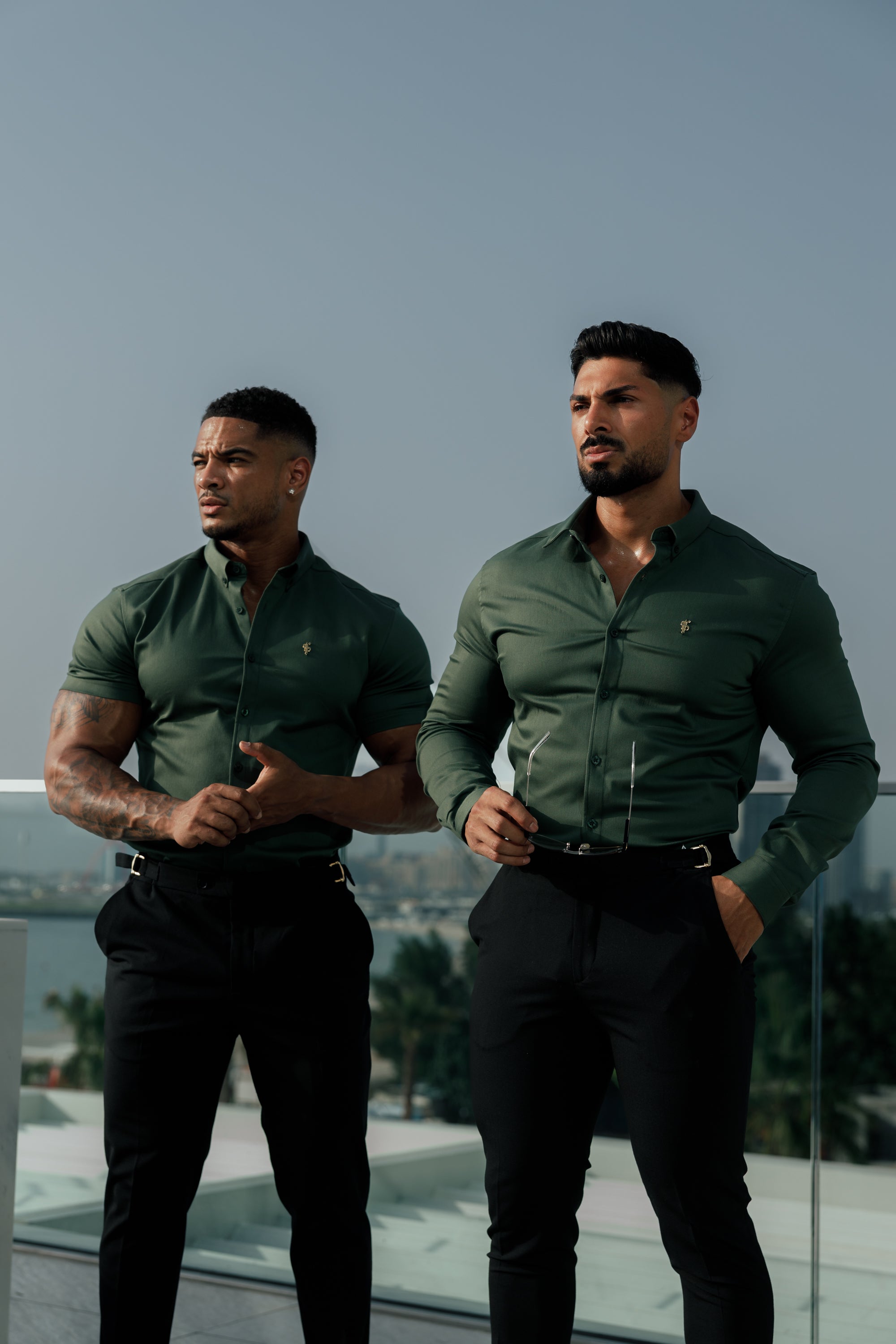 Super Slim Stretch Khaki Denim Long Sleeve with Gold Metal Decal and Button Down Collar - FS1044