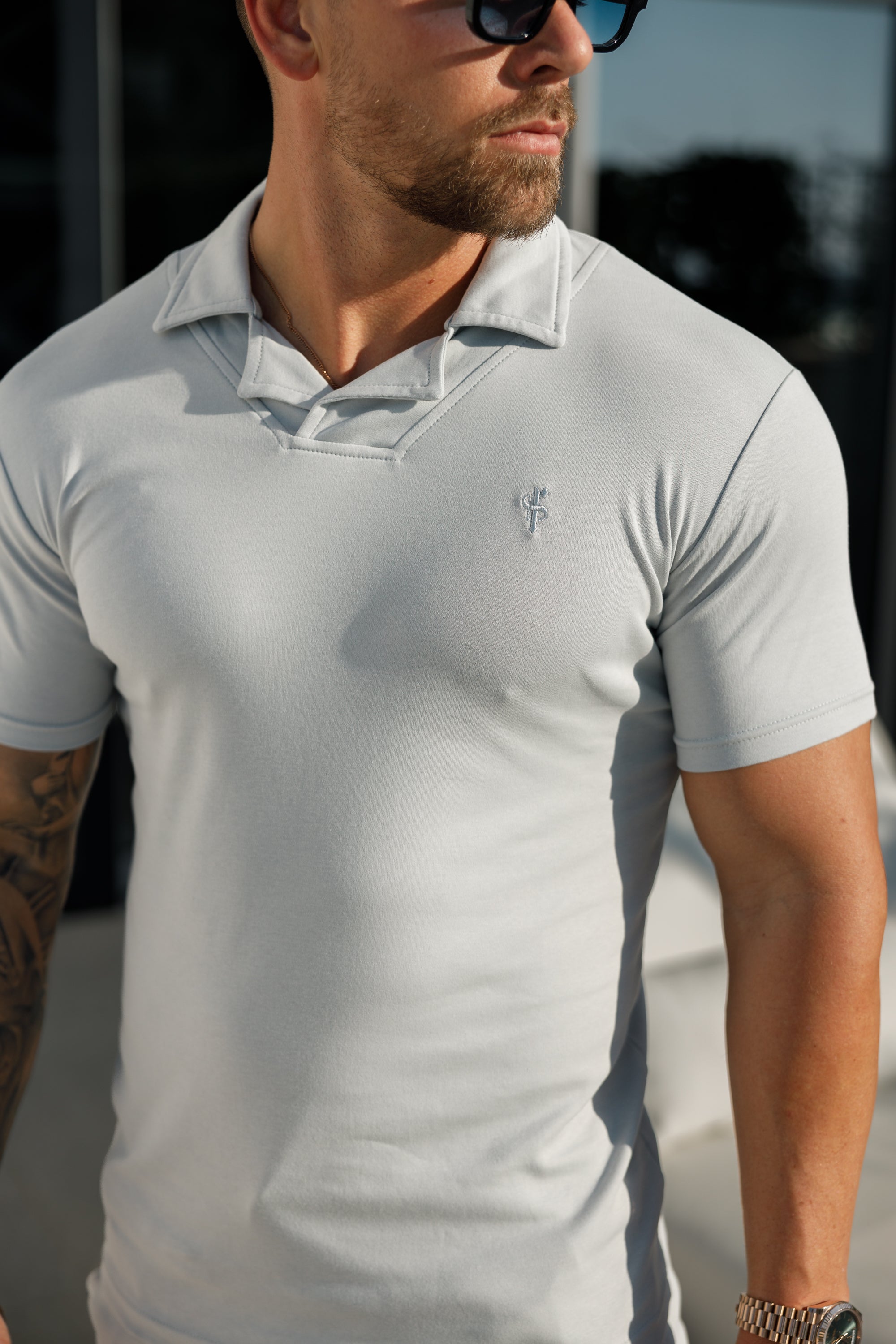 Classic Light Grey Polo Shirt With Revere Collar - FSH1063