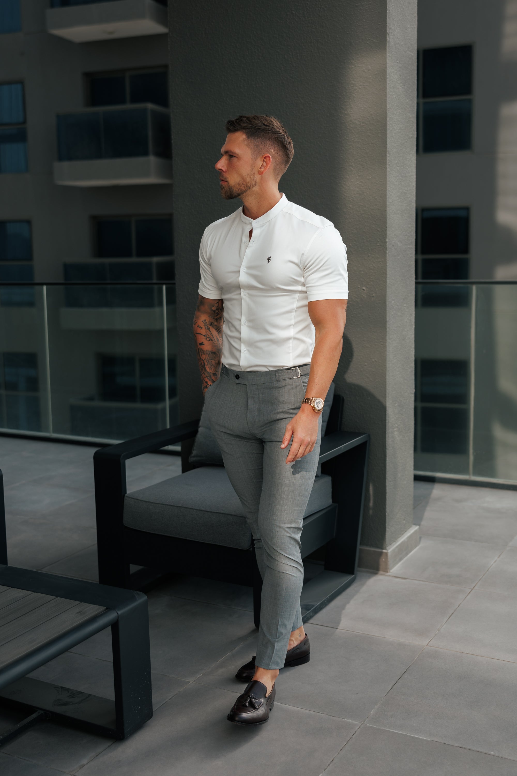 Super Slim Stretch Off White Side Panel Shirt Grandad Collar SS - FS1140