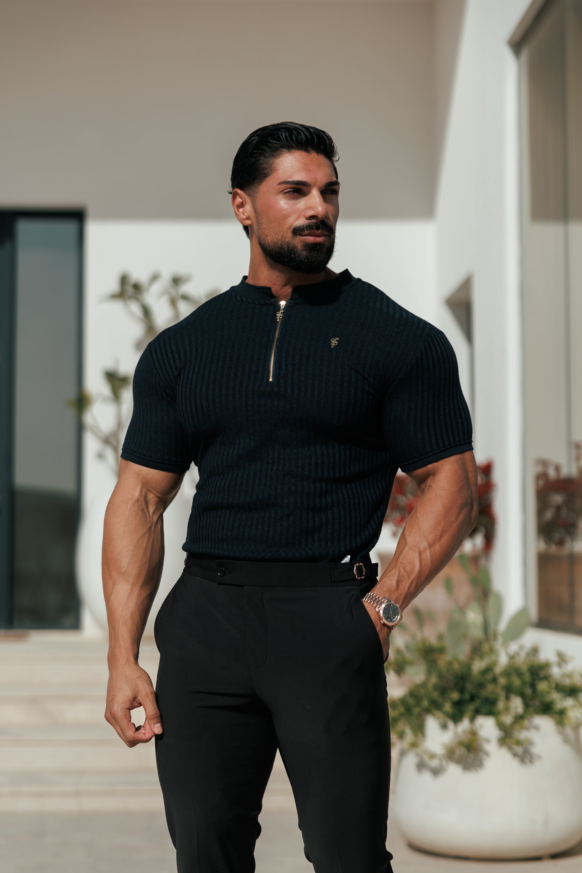 Classic Navy Ribbed Zip Grandad Collar Shirt Short Sleeve - FSH773