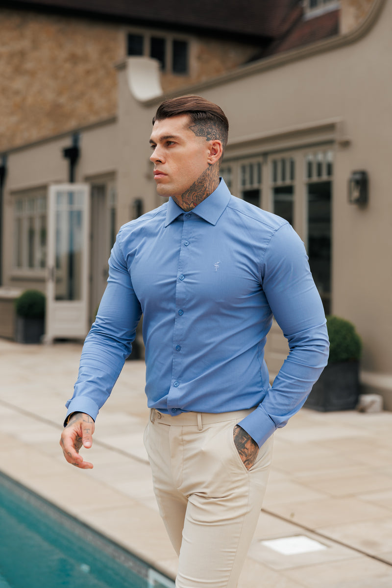 Father Sons Muscle Fit Advanced Stretch Mid Blue with Cutaway Collar  - FS1199