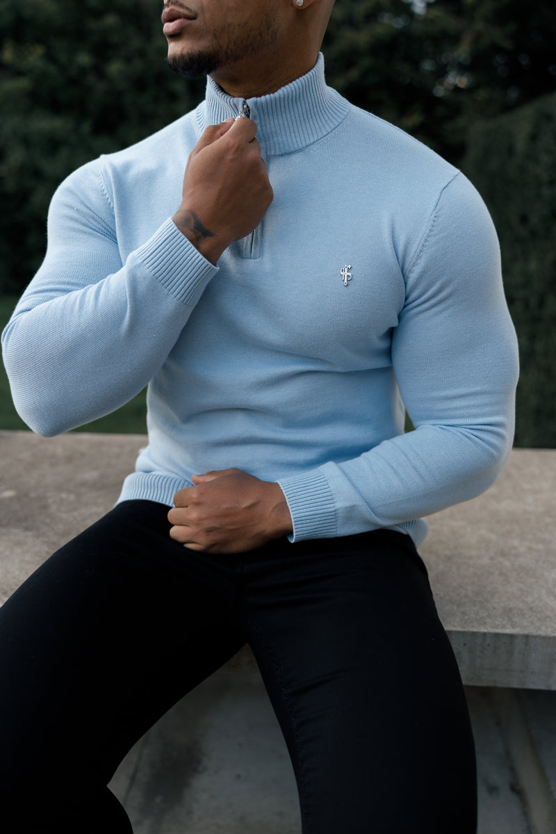 Father Sons Light Blue Funnel Neck 1/2 Zip Knitted Sweater - FSN119