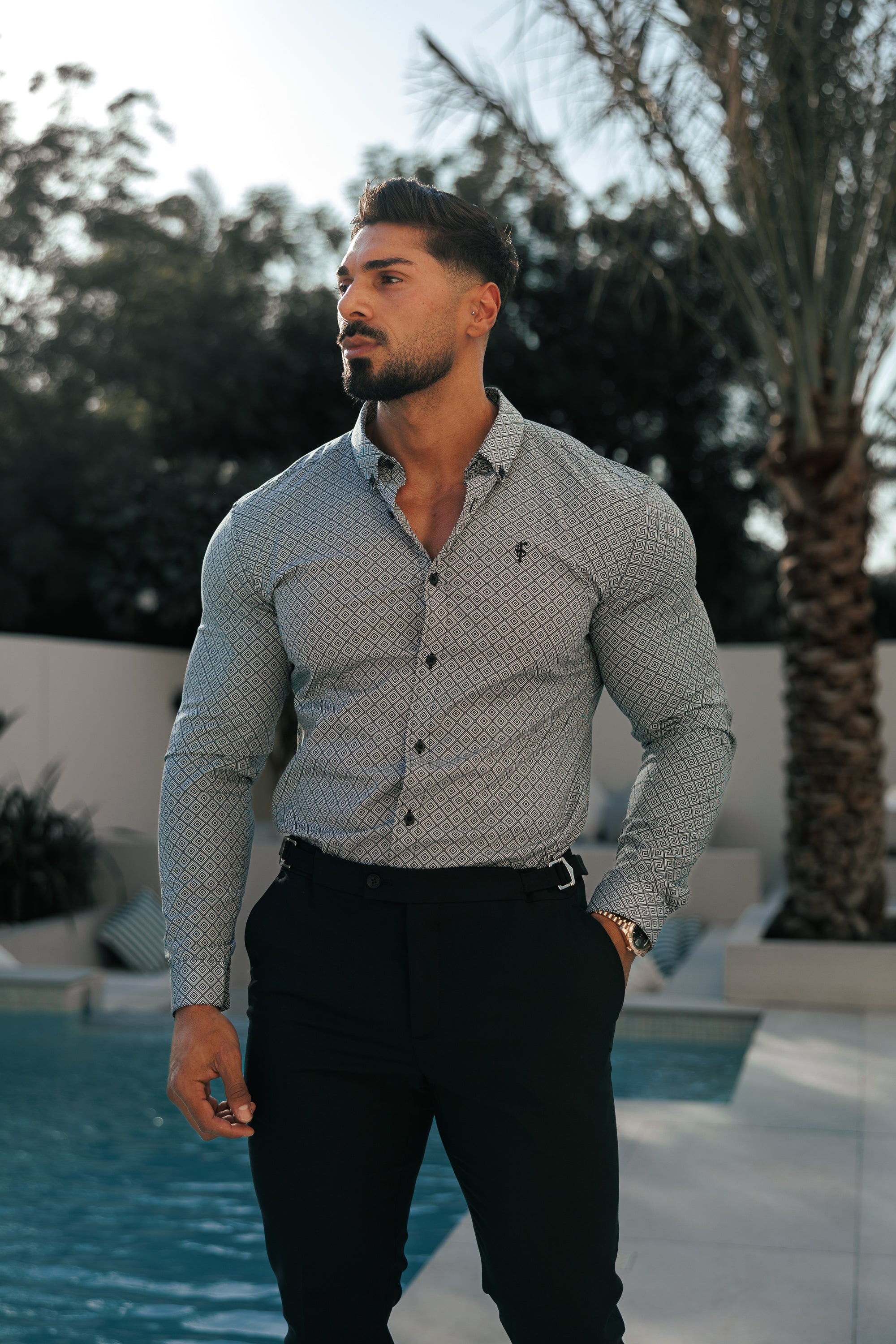 Super Slim Stretch Black / White Diamond Print Long Sleeve with Button Down Collar - FS1226