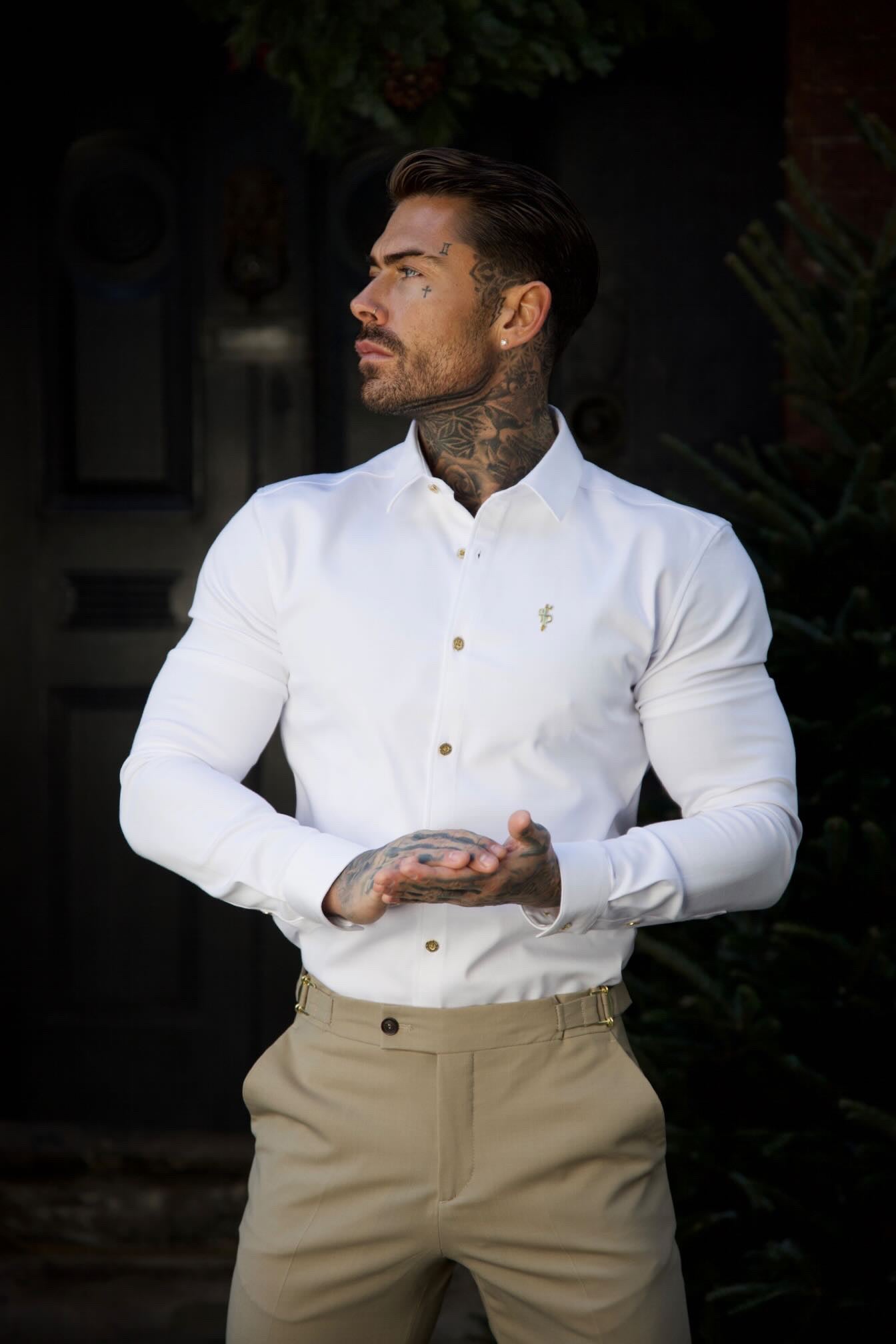 Super Slim Stretch White Denim Long Sleeve with Gold Metal Decal and Buttons - FS925