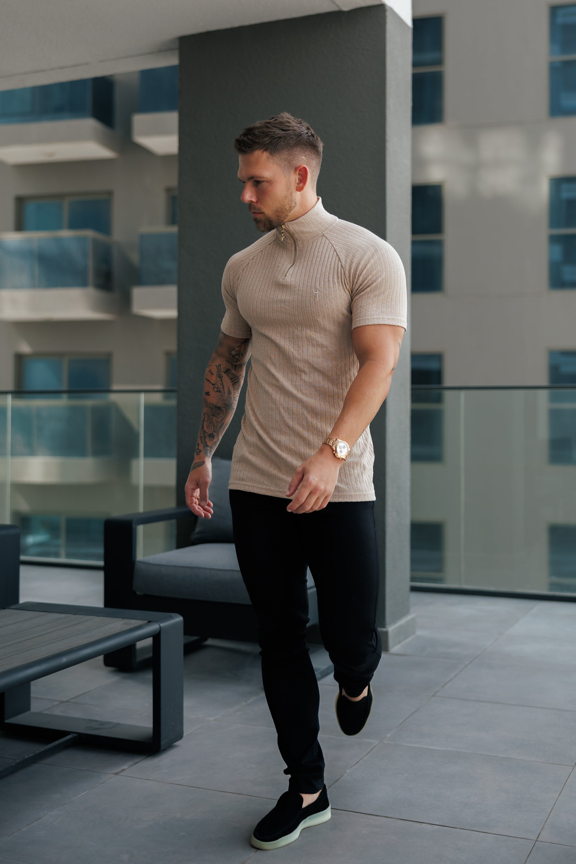 Classic Beige Ribbed Zip Funnel Neck Raglan Short Sleeve Crew - FSH1292