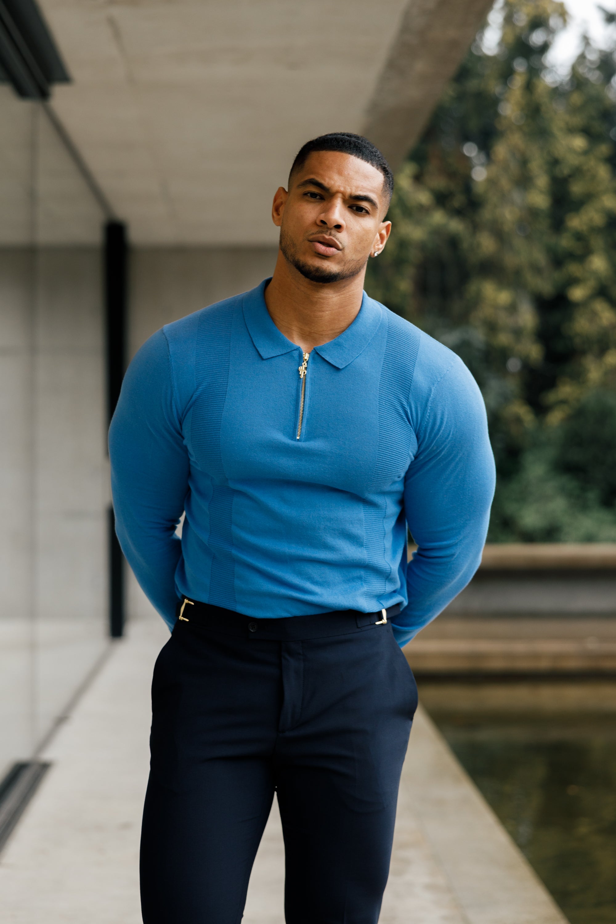 Classic Mid Blue and Gold Zip Knitted Polo Shirt Long Sleeve - FSN129