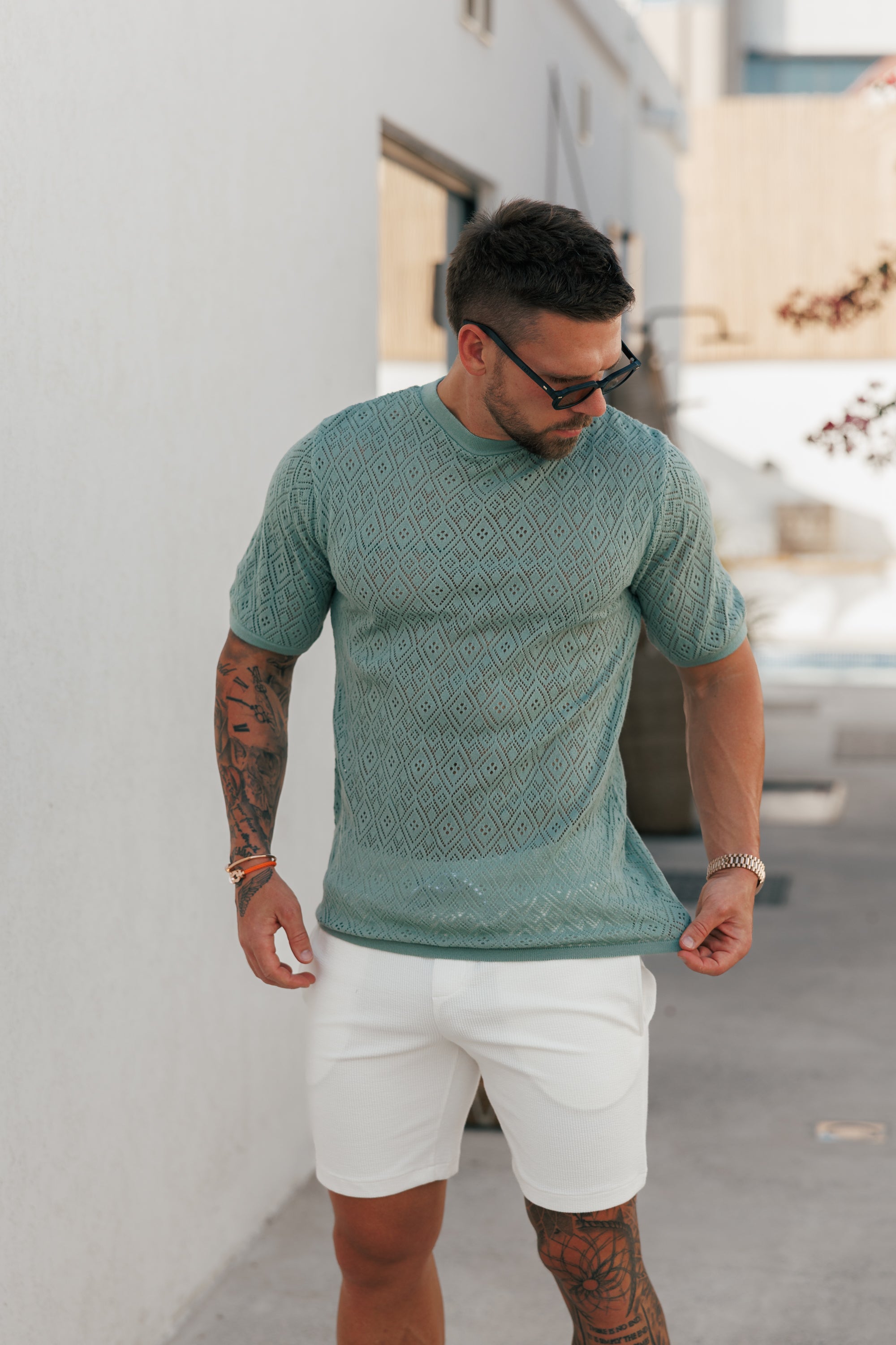 Crochet Crew T-Shirt Light Green Short Sleeve - FSJ091