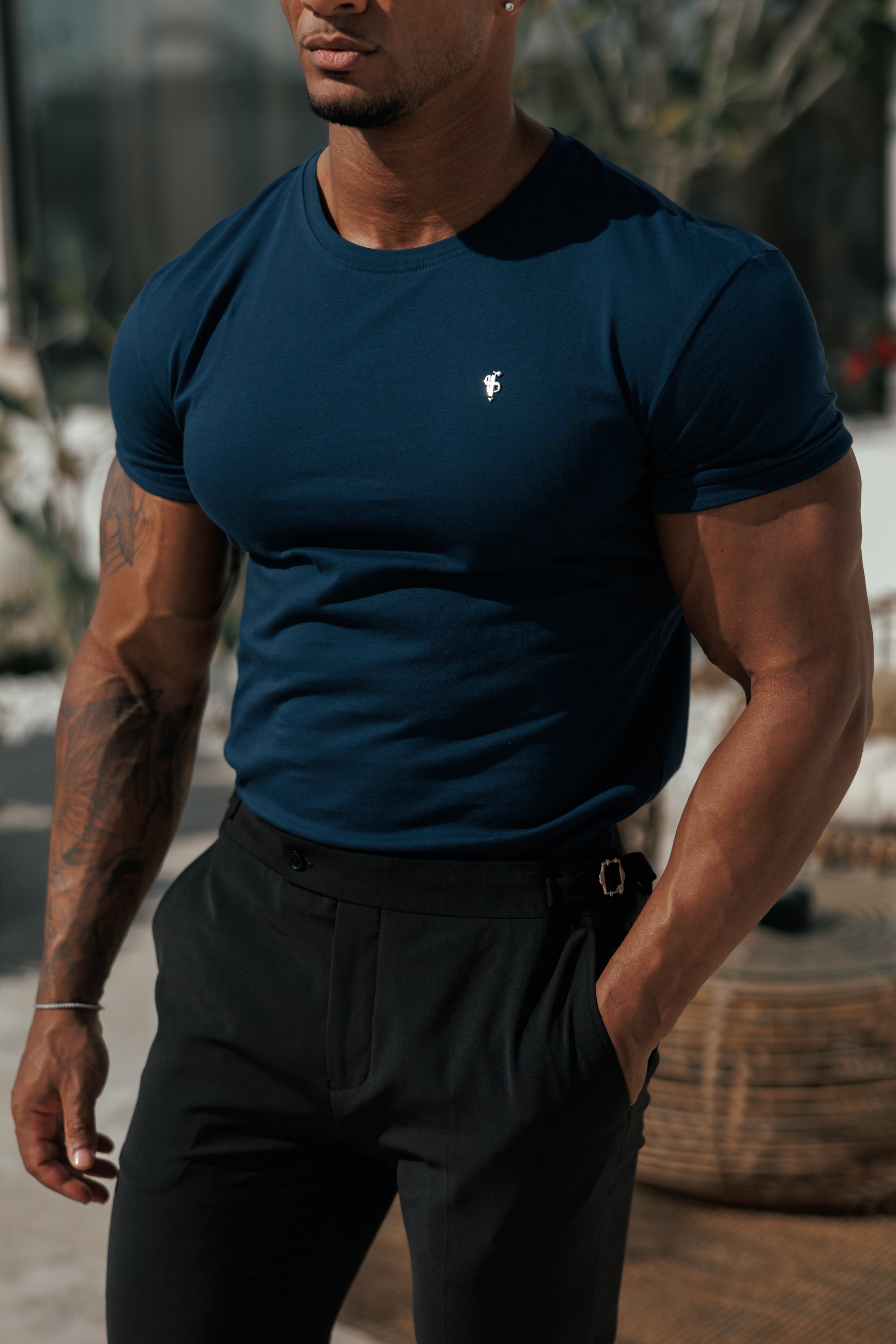 Navy / Silver Crew Tshirt with Silver Metal Emblem Decal FSH1451