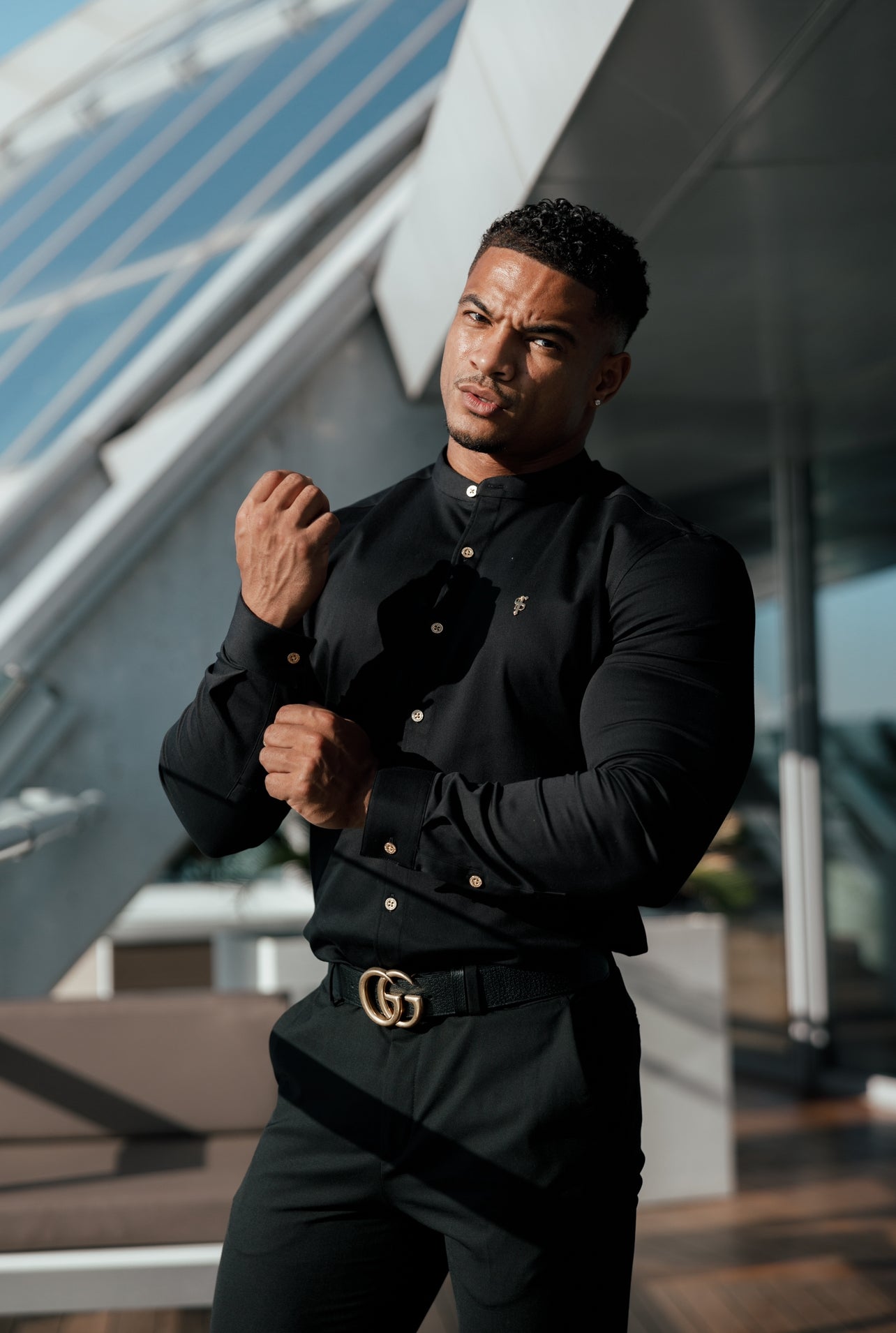 Super Slim Stretch Black Denim Long Sleeve Grandad collar with Metal Buttons and Decal Emblem - FS707